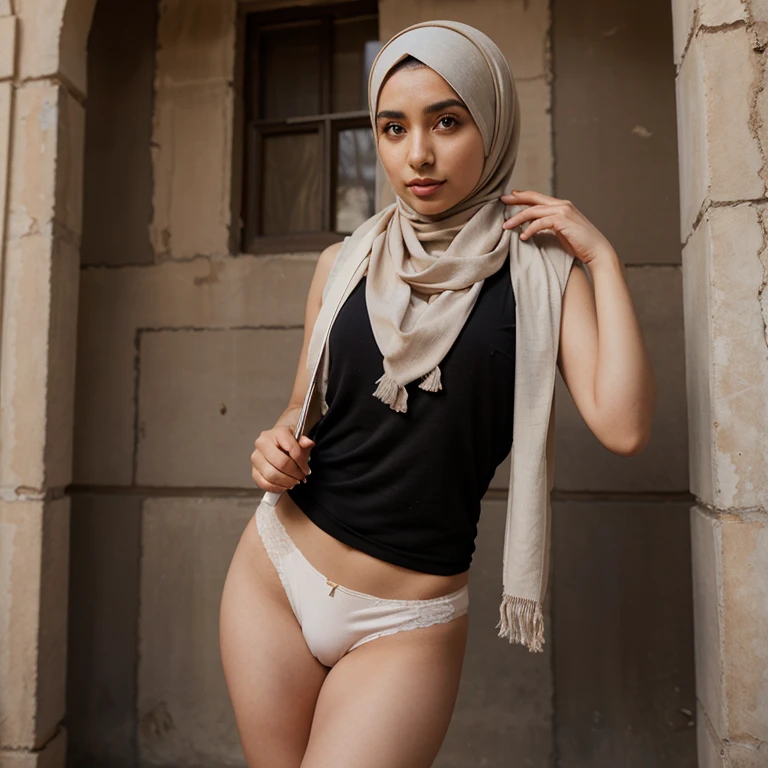 1 woman, accurate to LoRA, sad face, fine wrinkles, blushing cheek, wearing gold hijab and white shirt, perfect body, big chest, thin waist, looking at camera,  standing in street, wet from rain, (panties), full body shot, realistic 4K, depth of shadow