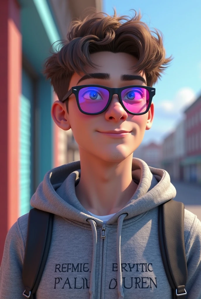 A teenage male with dark brown eyes, with broken hair, thick lips, high, thin and with cool expression, put on oakley sunglasses,3d render