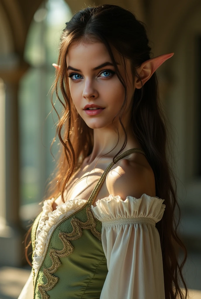 1910s analog film photograph, colorized photo of an elven maiden, 18-years-old, amazonian stature, athletic hourglass figure, busty breasts, narrow waist, full wide hips, big round buttocks, wearing a lacey bralette and frilly bloomers, warm almond complexion, pointy elf ears, dark hair, long messy curls, posing in a vintage photography studio, RAW Photograph, dslr, soft lighting, high quality, film grain, Fujifilm XT3, detailed skin with visible pores, insane details, masterpiece, 8k, faded film, desaturated, grainy, vintage, Lomography, stained, highly detailed, found footage, long elven ears