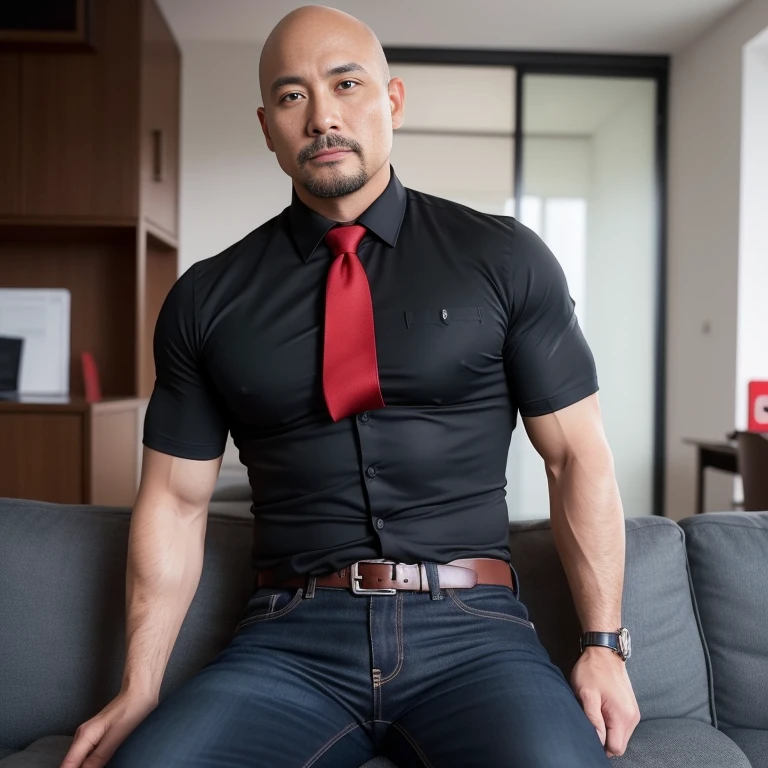 40 years old，Hidetoshi Nakata，（Kogoro Mori 1.3），whole body，Lean，muscle，office，black，foot，Suit，foot抬起，sofa，Baldhead ，transparent，Thick body hair，underwear，Topless，Densely hairy，Fortitude，HD，With a mustache