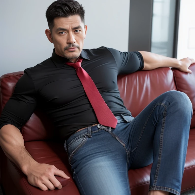 40 years old，Hidetoshi Nakata，（Kogoro Mori 1.3），whole body，Lean，muscle，office，Black socks，Feet raised，surrender，sofa，Baldhead ，transparent，Thick body hair，underwear，Topless，Densely hairy，Fortitude，HD，With a mustache
