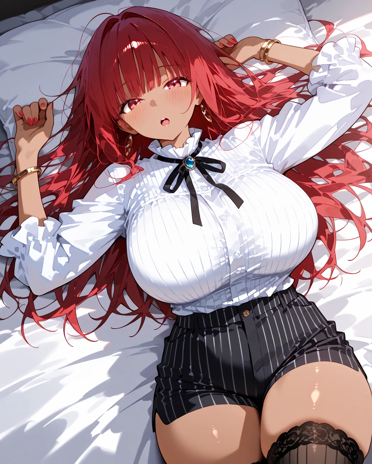 ((Best quality, 8k, Masterpiece:1.3)), perfect anatomy, Sharp focus :1.2, A pretty woman with perfect figure:1.4, ((Big breasts, skinnie:1.2)), (school uniform:1.3), big breasts:1.2, Highly detailed face and skin texture, Detailed eyes, Double eyelid, black thighhigh socks, looking at viewer, seductive smile, perfect fingers:1.5, (Lying in Bed, Open Legs: 1.2), choker,