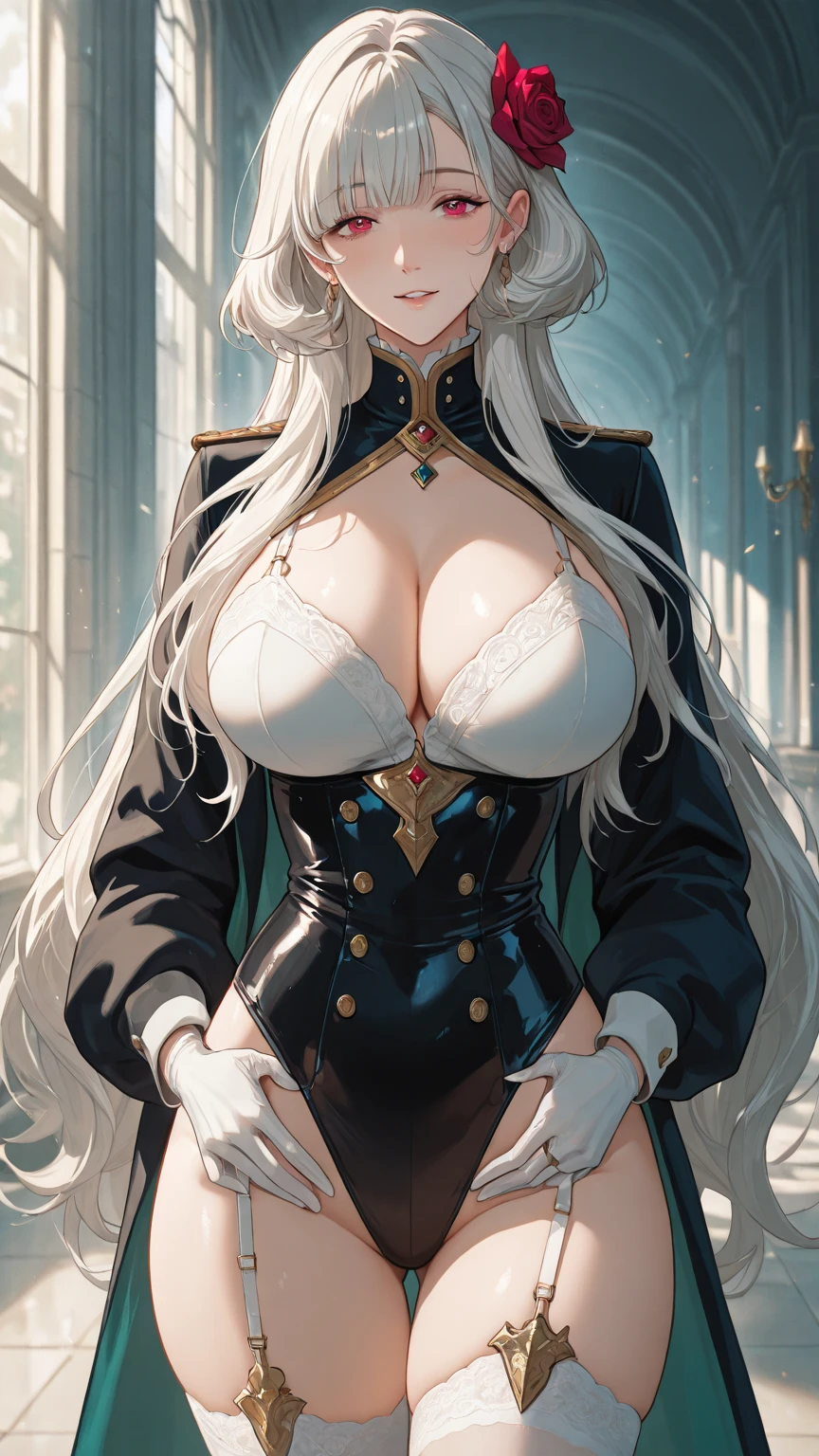 beautiful detailed japanese girl, Steampunk Gear: Victorian-inspired outfit with brass gears, goggles, and a corset. white hair, slender, Youthful expression, large breast, massive cleavage exposed, huge buttock, walking in the hallway