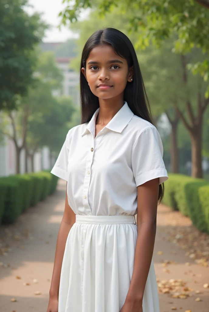 A Sri Lankan school girl wearing a traditional uniform: a neatly plated white frock with a blur-colored tie. She has white socks and polished black shoes. Her hair is styled in neat braids tied with ribbons, and she stands in a serene outdoor setting, perhaps near a school building, with greenery in the background.