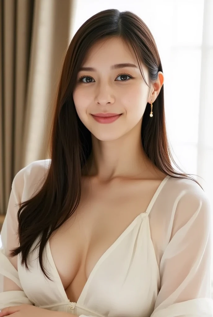 A 20-year-old woman with a very cute face like a 15-year-old idol Smiling Kindly (((Whole body))) (((Full body portrait))) Sheer blouse Medium Bust Cleavage Stylish evening wine bar Cinema lighting Natural light Artistic High level of artistry RAW Photos Genuine High quality that is indistinguishable from real life Real Stick High resolution