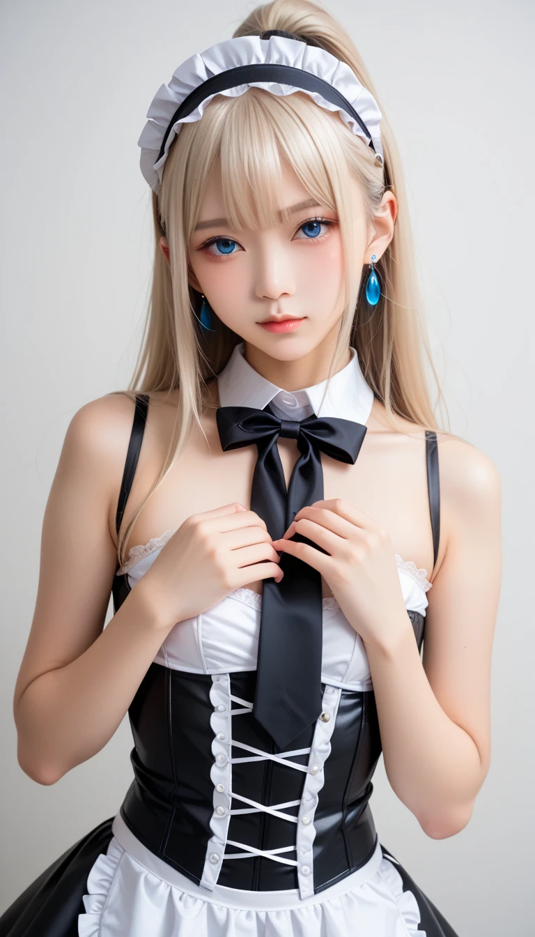 (PureErosskin_V1:0.6), (ulzzang-6500-v1.1:0.4), depth_of_field,RAW,(8k, best quality, masterpiece:1.2), (realistic, photo-realistic:1.37), ultra-detailed,(from above:1.2),(1girl/beautiful korean girl/korean mixed/16 year old:1.3),vivid color, unreal engine, perfect fingers,(best ratio four finger and one thumb:1.2), (arm + hand + 1thumb + 4fingers),(cinematic lighting:1.1), pretty body, (beautiful blue eyes:1.3, round eyes),perfect face,(flat chest:1.5),(wrinkled skin/bright skin:1.2), (korean beauty, kpop idol:1.2, blonde hair), (bright skin:1.2), (angry), (lash grazing bangs/fringe), long hair, perfect anatomy, (see-through),(turnred_face, horny, crying, close mouth), (from front-top),(covered navel,navel:1.1), looking at viewer,bow, black hairband, detached sleeves, bangs, mini crown, detached collar,strapless dress,bowtie,crown,hands on hips,standing