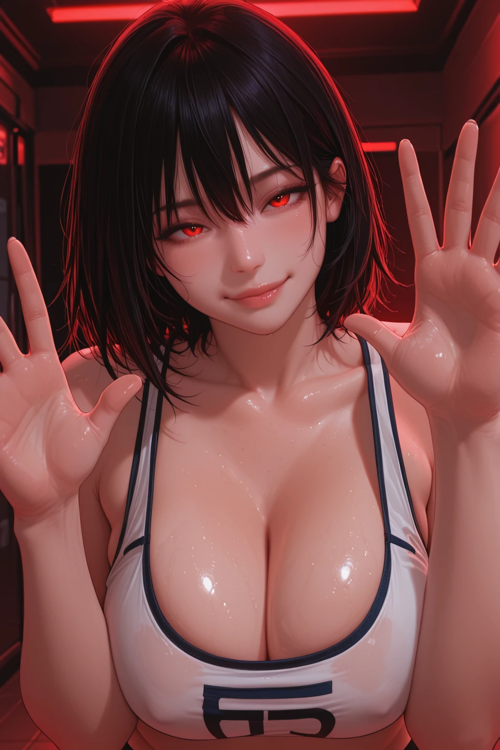 gigantic cleavage breasts,Kizi,Be red in the face,The mouth is slightly open,There is a white liquid on the body,There is a white transparent liquid at the corner of the mouth,wearing a micro bikini,bob-cut hair,Eyes are confused,Upper body body