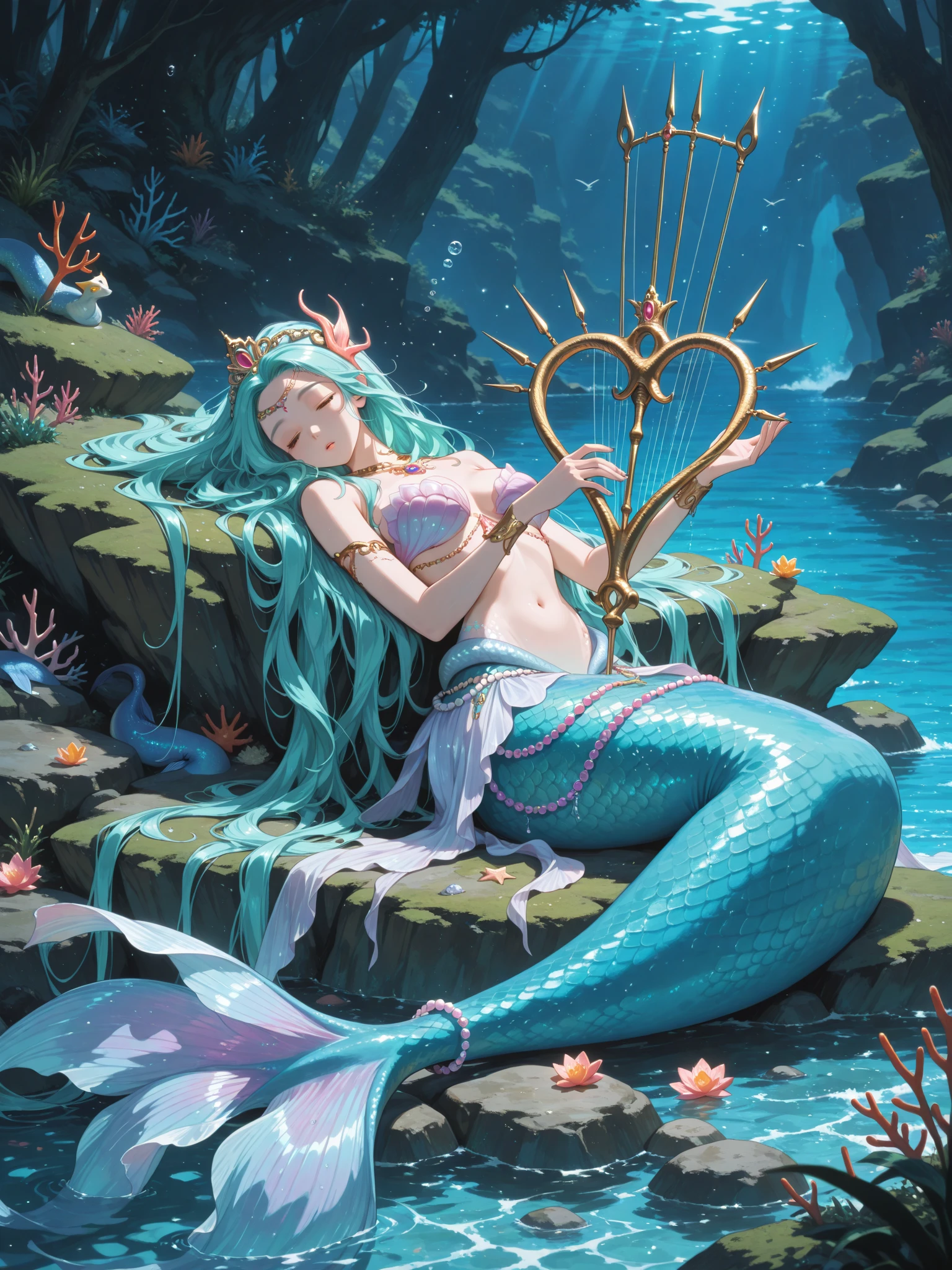 (highest quality、masterpiece、beautiful anime、detailed glowing eyes)、beautiful female mermaid、play the harp、transparent underwater、coral