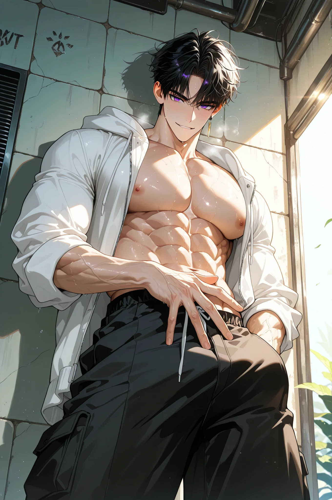 Menino alto, black hair bulge,peitos grandes, pernas abertas, quarto