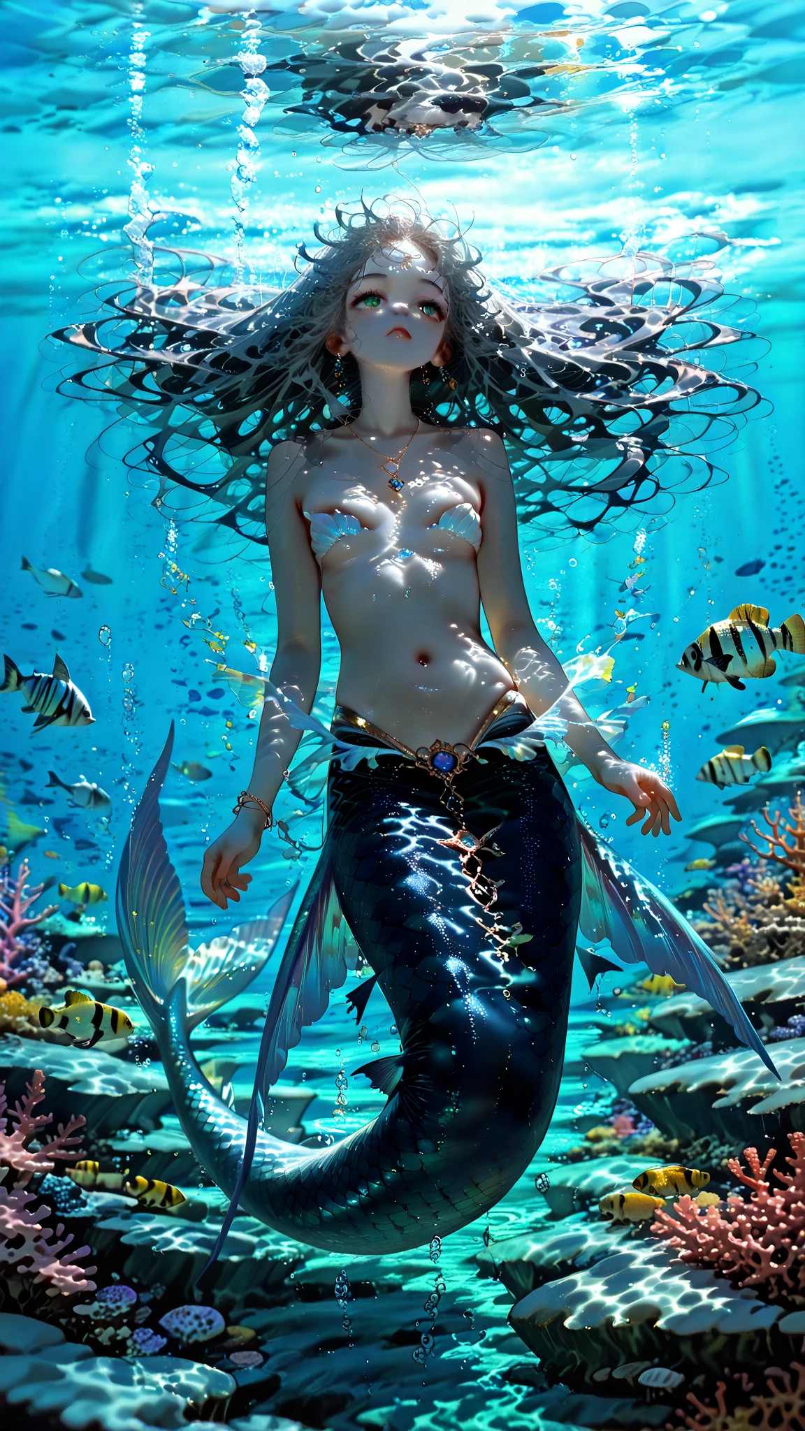 RAW photo, high quality full body portrait,  underwater photo of a two slim young woman mermaids swimming, wet hair, photorealistic, dramatic, beautiful face, highly detailed facial features, very pretty, perfect face, well formed facial features, smooth glowing pink skin, flowing pink hair, mermaid tail with iridescent scales , small breasts, exposed breasts, (exposed pussy:1.5), thigh gap:1.6, legs spread:1.5, perfectly formed breasts, iridescent make up, jewelled tiara, jewellery, mermaid scaled thigh highs:1.5, underwater, fish, bubbles, filtered sunlight, strong light, perfect hands, realism, accurate hands, accurate face, accurate breasts, symmetrical body, erotic, sensual, sexy, detailed textures, coiled arm band, bracelets, ultra high pixel detail, cinematic, intricate, cinematic light, concept art, art station, realistic, movie scene, cinematic, high quality, craig mullins and wayne barlowe style, full colors, incredibly detailed, 16k, masterpiece 