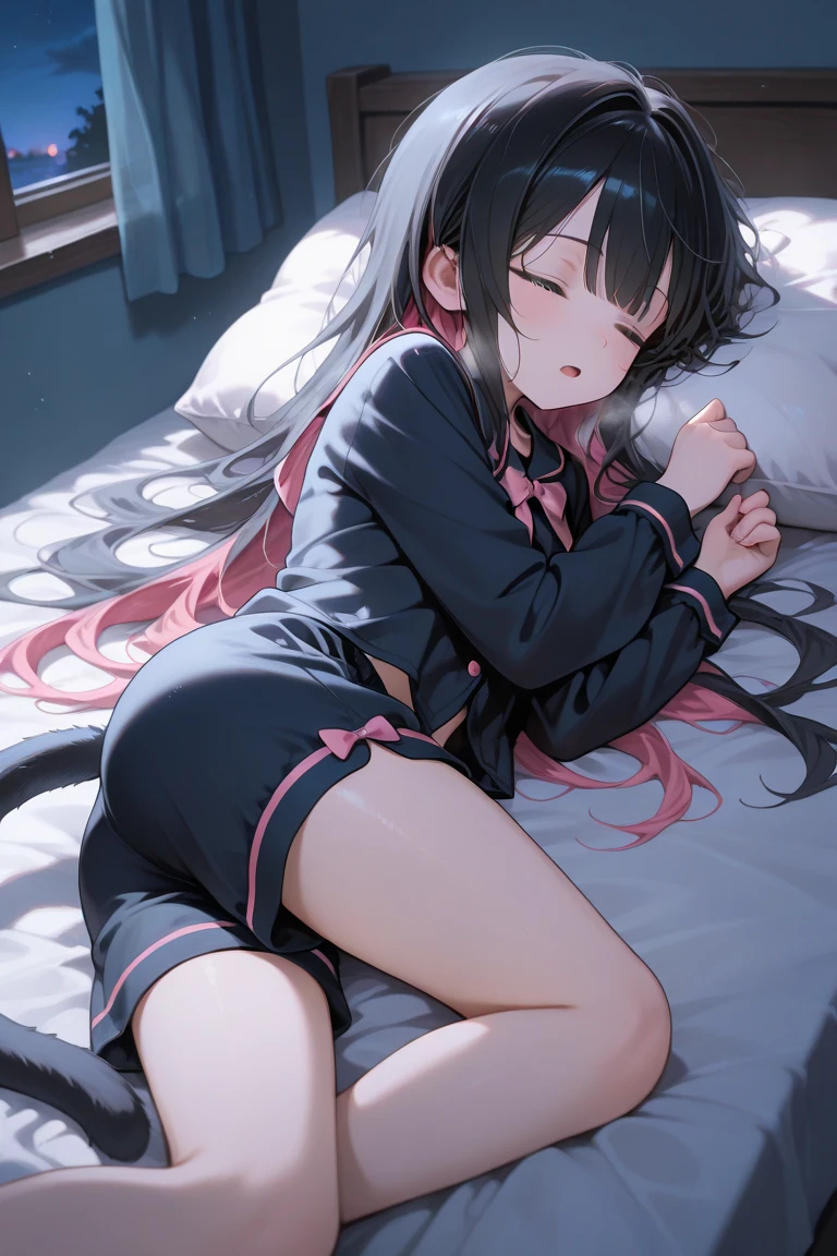 high quality, 最high quality、 Stylish design, (((The cutest girl))), ((Thin legs))、(((最high quality))), High resolution, ((detailed)), ((masterpiece)), ((Super detailed)), 14-year-old girl、Black Hair、Inner Color、((Lying on your back in bed)),((Sexual))