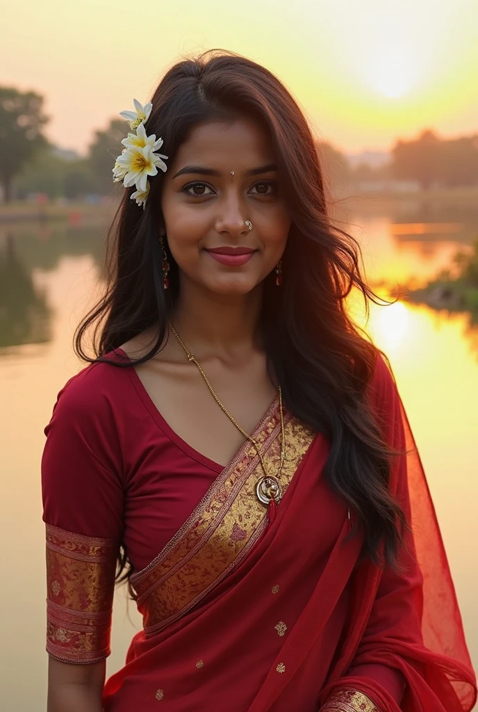 A 14 Indian women, in a red designer transparent saree,beautyfull face,light skin color,shy smile,looking at viewer,jhumka in ears,poney tail hair style,day light,glowing skin,black bindi in her forhead,flower garden background,full body,8k,ultra detailed