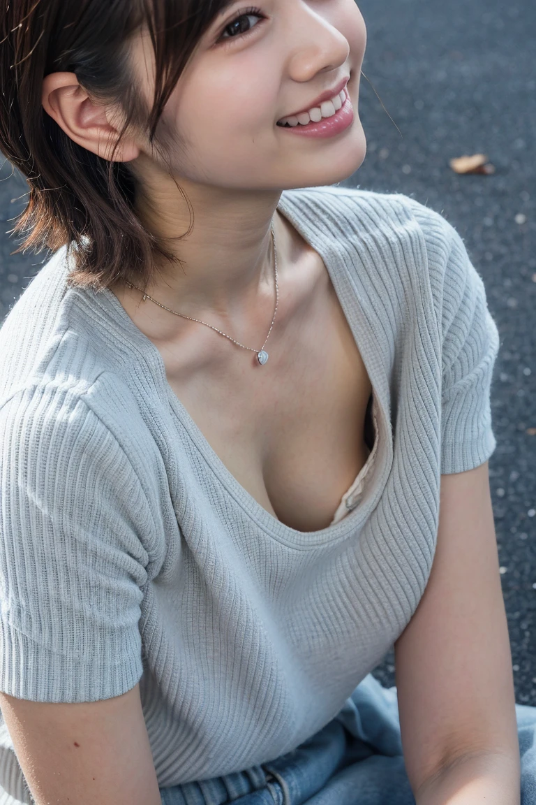 (Best quality, 8k, 32k, Masterpiece, UHD:1.2),Photo of Pretty Japanese woman, large breasts, very short bob hair,upper body,face focus,oversized_sweater, necklace, simple background, from above, looking at viewer、ブラジャー