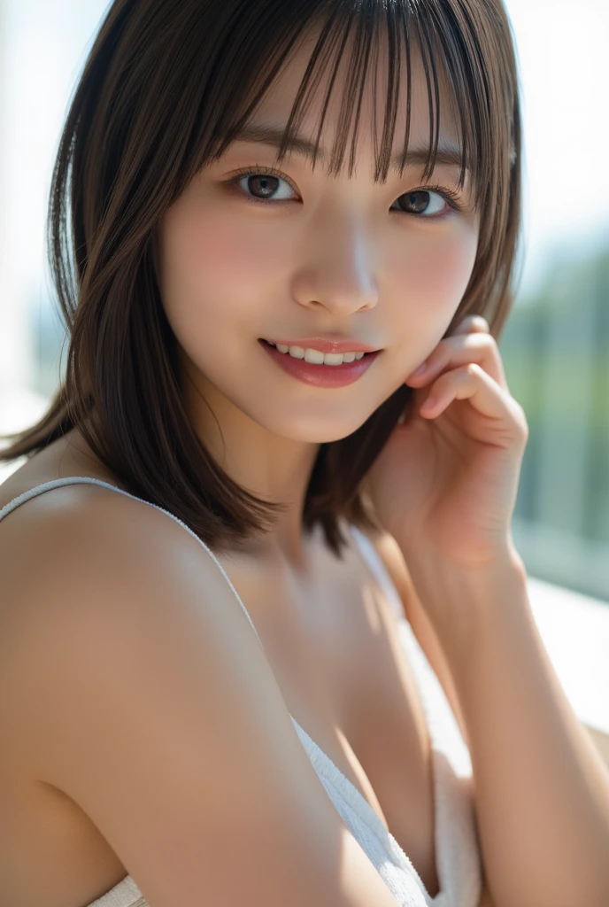 incredibly absurd, beautiful and cute 20-year-old Korean girl with a photorealistic face, showcasing top-quality craftsmanship. Her slender frame adorned with short, messy hair. The artwork high-resolution, allowing for ultra-detailed features to be captured flawlessly. The focus lies on the realistic pupils, showcasing depth and emotion. ((breasts out)) cute smile.