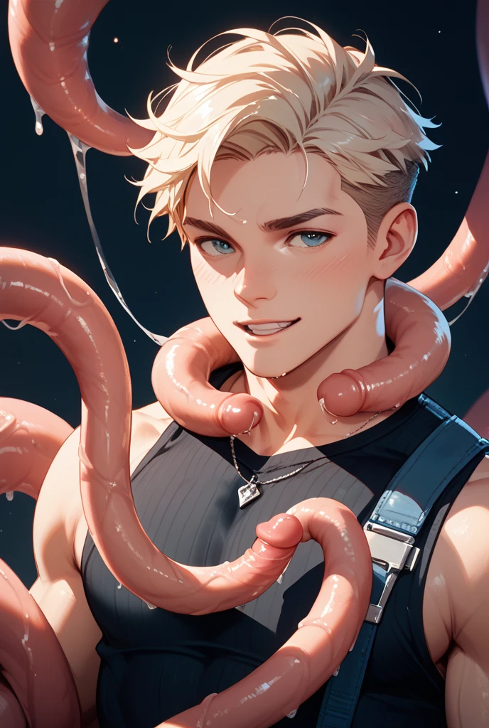 4men , group , multiple men, blonde, brunette, ginger, bald, group of Muscular shirtless handsome men laughing, crying , blushing faces,pink tentacles tickling armpits, hands above head, tentacles all over body, tentacles background, tentacles , tentacles tickling ribs , tentacles tickling nipples, a tentacle monster with green eyes in the background