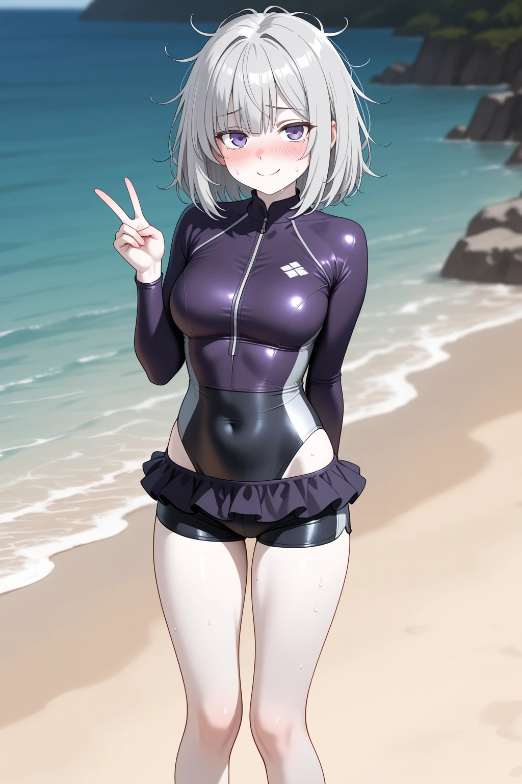 silver midi hair girl at the beach,{{masterpiece}}, {{best quality}}, {ultra-detailed}, {{kawaii}}, cute, {lovely}, a cute girl, 1girl, solo, latex bodysuit00, {beautiful eyes}00
