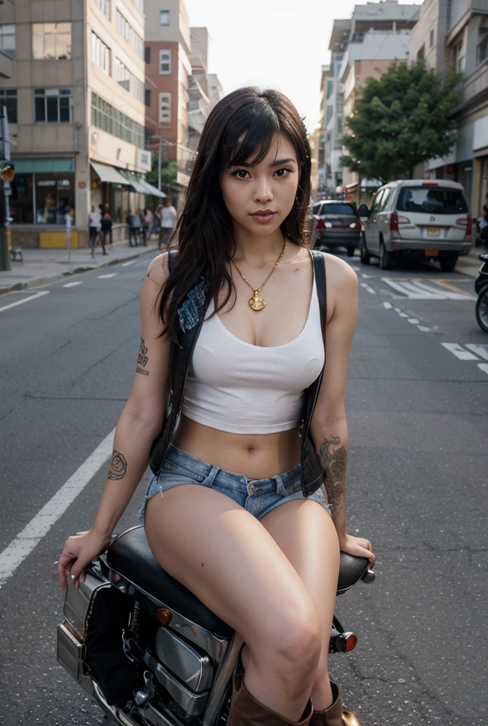 Young half naked dead dirty body of Indonesian girl, descent mixed from sundanese and javanese, 25 years old, slim body, georgeus face, lying down half naked on the street as a dead girl, head lying weak limp down on asphalt, dead girl white turned up eyes, dead girl being hasbdamage body and face, caused by bloody motor bike accident, all her clothes torn aparts, her body and motorbike crushed by a heavy truck, blood flowing out from her open mouth and nose and ears, natural, very detail, very realistic, all her body visible, hairy bloody vagina exposed visible, wearing torn and folded up messy dress, torn into many parts thin trousers, torn aparts panty, blown up bra, weak limp down legs and hands on asphalt, no cartoon,