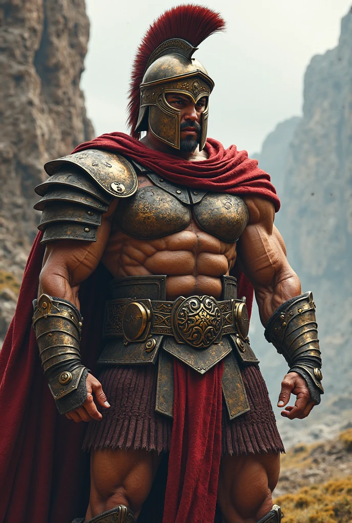 ((masterpiece, highest quality, Highest image quality, High resolution, Raw photo, 8K)), ((Extremely detailed CG unified 8k wallpaper)), (huge stunning warrior shot, full body, musclural body beauty:1.4), Posing for the camera, In a warrior fighting stance, a stern look, in a ready stance, Build: Tall and muscular, showing signs of fatigue but still exuding strength and determination.
Facial Features: Sharp, aquiline nose with a few fresh cuts and bruises. His piercing brown eyes are intense, reflecting both exhaustion and unwavering resolve.
Hair: Short and dark, now slightly disheveled from the chaos of battle.
Scars and Mud: His face and exposed arms are smeared with mud and blood, with visible scars from recent and past battles, highlighting his experience and resilience.
Clothing: His bronze cuirass is dented and scratched, bearing the marks of combat. His red military cloak is torn and stained with dirt and blood, hanging loosely off his shoulder.

Signature Pose:

Stance: Standing firmly, slightly hunched from the weight of the battle, but still strong and unyielding.
Right Hand: Gripping the hilt of his sword, which is sheathed but still bloodied from the fight, symbolizing readiness and survival.
Left Hand: Raised slightly as if signaling to his troops to regroup, with a steady and determined gesture.
Expression: A grim, focused look, with his mouth set in a hard line. His eyes convey both the toll of battle and the unbreakable spirit of a seasoned warrior., photorealistic, 16k, 8k, 4K, award winning