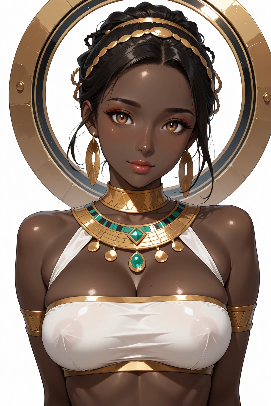 score_9, score_8_up, score_7_up, score_6_up, 1girl, solo, jewelry, rating: safe, brown_eyes, black_hair, lips, makeup, armlet, breasts, egyptian, egyptian_clothes, dark_skin, nose, earrings, gold, lipstick, cleavage, realistic, looking_at_viewer, medium_breasts, open_mouth, piercing, gyaru, tongue, blunt_bangs, bangs, bob_cut