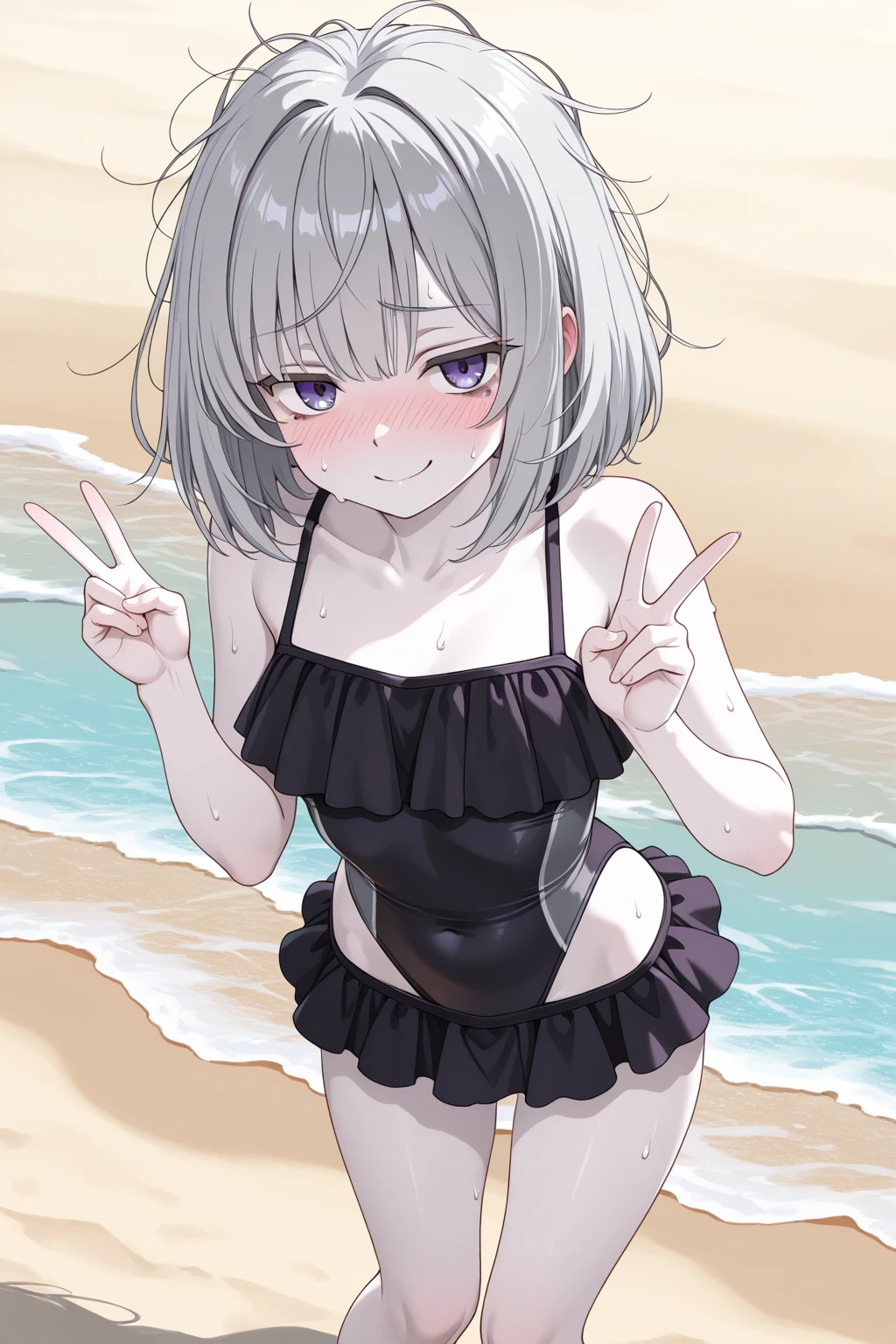 fiona1, spy x family, hair over one eye, masterpiece, best quality, highres, 1girl, solo, fang, skin fang, short hair, (mole on thigh:0.8), bangs, hair behind ear, purple eyes, hair ornament, open mouth, beach, smile, squatting, small chest, short height, little girl, flat chest, small, cleavage, ((bare shoulder)), exposed, loose shirt, navel, presenting armpit