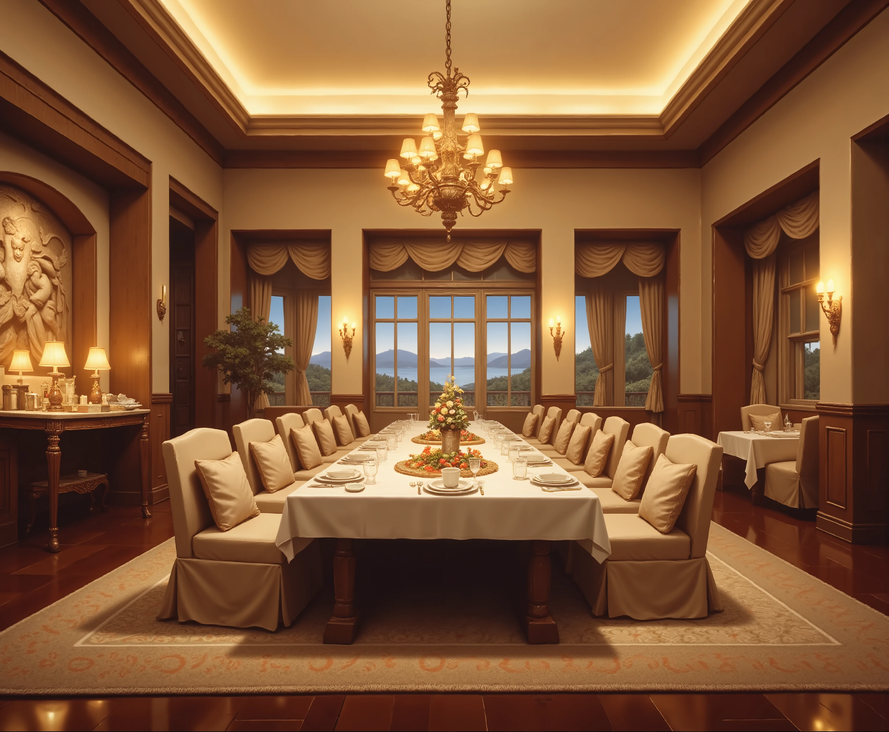 European and American retro villa restaurant，family size restaurant，Bright and cozy， Low-key luxury。Empty， no one。long dining table，Dinner is placed on the table，night