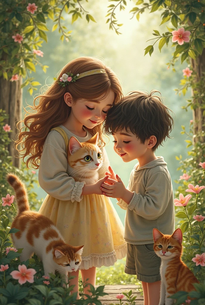 A girl and boy seat in the beautiful balcony with a cat
