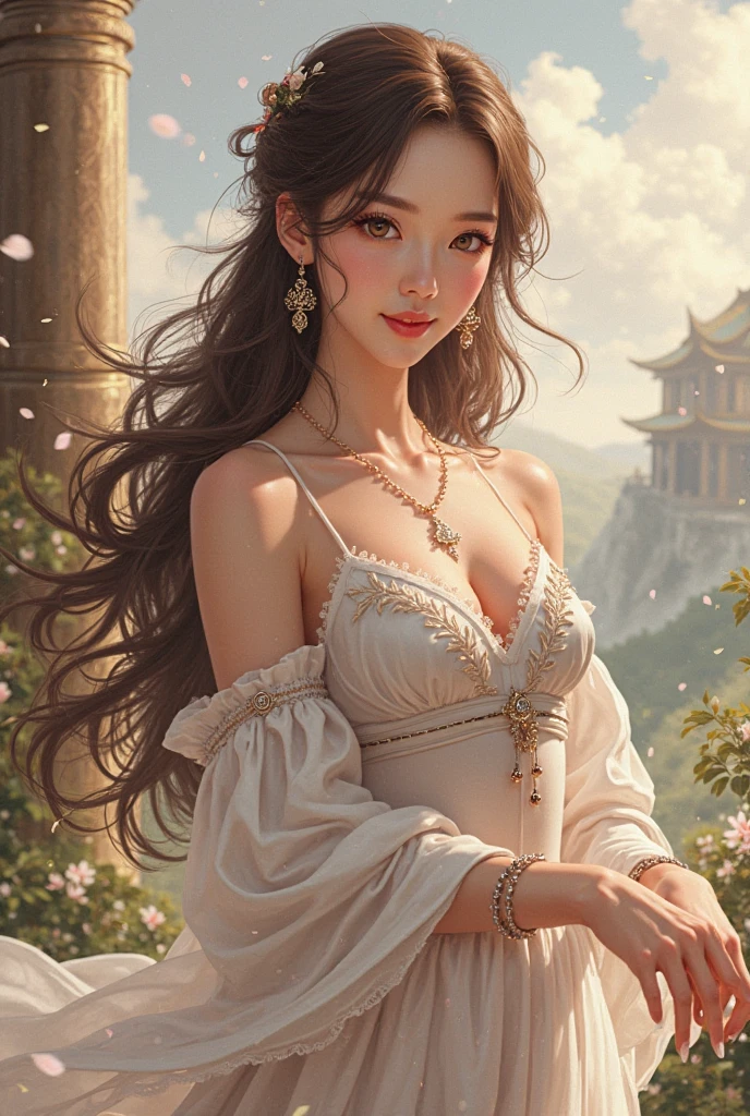 (best qualityer, ultra detali, photorrealistic: 1.39), Naughty 19 year old teen face, bright and vibrant colors, studio lighting, romantic expression, perfect medium breasts, red dress with white details, with neck strap, golden shine on the dress, elegant makeup, long black hair flowing in the wind, attractive eyes, Glossy lips, pose sexy, beautiful roses, smiling with confidence and seduction, Posing for a professional photo shoot, Shallow depth of field, soft natural lighting, Creating a dreamy and magical atmosphere, castle balcony, garden in the distance