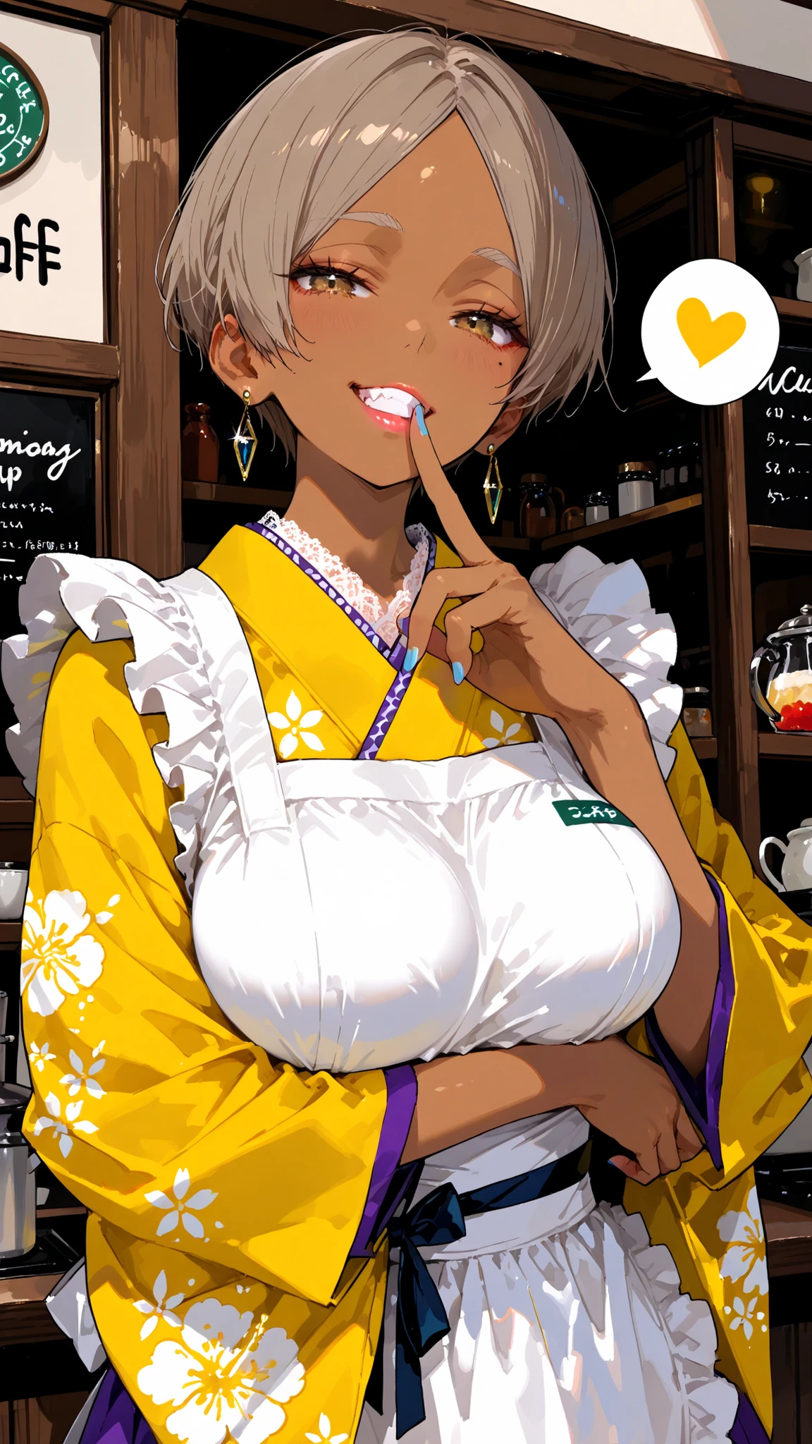 (Anatomically correct, High quality, detailed, master piece, best quality, ultra detailed, 4k, 8k, score_9, score_8_up, score_7_up:1.1),
(Anatomically correct :1.3),(Anatomically correct face:1.3),(Anatomically correct eyes:1.4),(Anatomically correct hand:1.4),(Anatomically skin color:1.3),(Anatomically correct fingers:1.4),beautiful fingers, beautiful hands,
(High color anime saturation),(High saturated colors),(natural washed out), (natural overexposed),
(748cmstyle),
((1 girls:1.3)), solo,
(young woman:1.3),(slightly large breasts:1.3),
ash gray brown hair, (parted bangs:1.2), short choppy messy pixie cut pure hair, side lock, light brown eyes, nail polish, Light blue nails, (brown skin:1.3), thick eyebrows, boyish,
(Japanese-style cafe:1.3),
(looking at viewer:1.3), (front view1.1), upper body shot, looking down,
((arm under breasts:1.3)),standing, contrapposto, fingers together, finger to mouth, breasts squeezed together,
(wa maid:1.3),
bright yellow Collared Dress, white maid apron, purple skirt, lace-up heel brown boots, gem, earrings, Hibiscus pattern
(naughty face:1.3), double teeth, grin,
light makeup, lips, mole under eye, light red eye shadow, light red cheeks,
lovestruck, spoken heart,