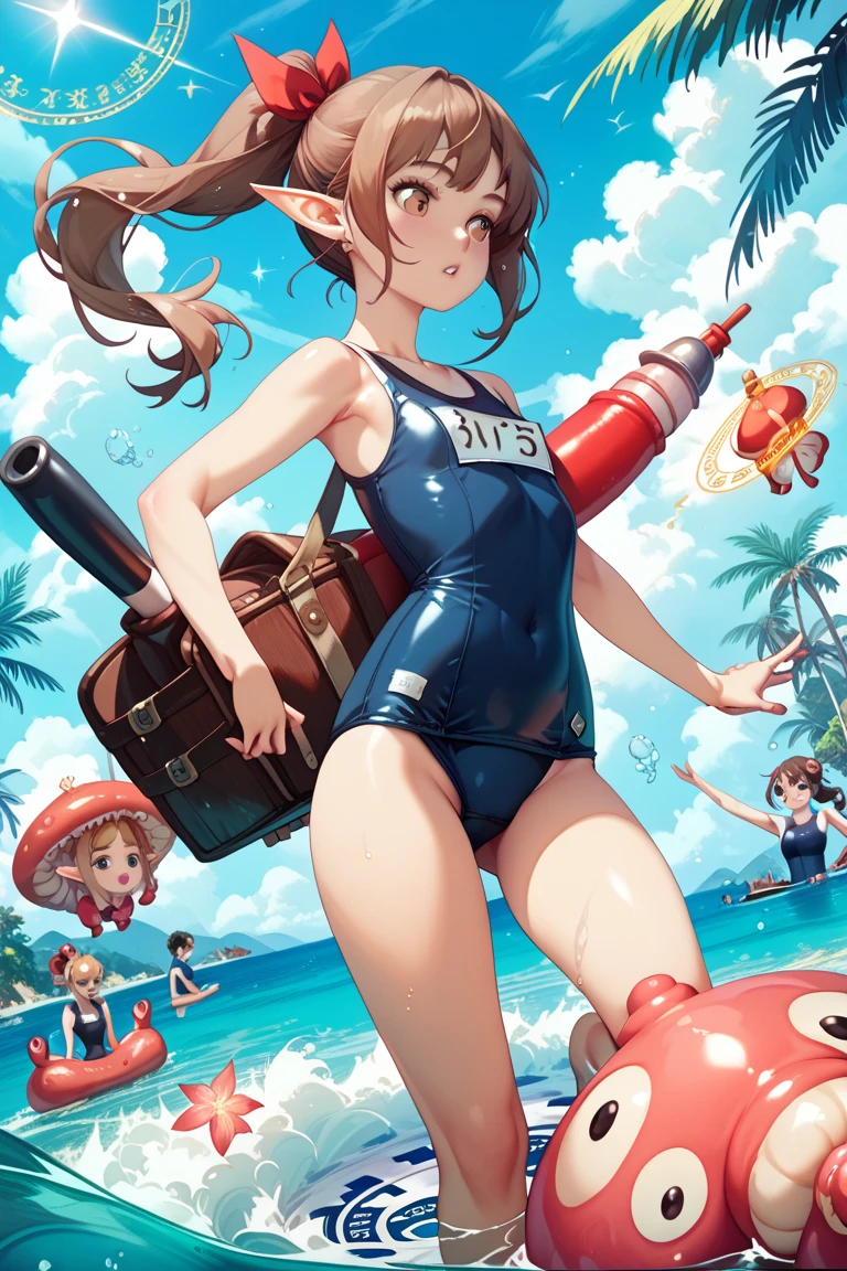 Young girl,  wearing a yellow bikini and a bold red jacket, Her hair is mid-back length and is a little wavy, it is a medium brown color with slightly darker tips, green eyes, average breast size and fair skin, brown sandals with black soles,The straps are dark brown and go over her toes and around her ankles, Hoodie, jacket open in the front, white fluff coming out of the hood