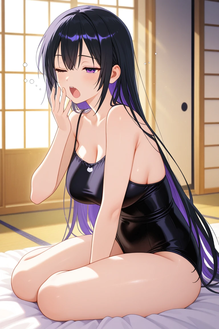 ((masterpiece)), Highest quality, Very detailed,(One Girl), Futaba Aoi、 Long Hair,Beautiful background ,Half-dressed, chest, Bent body,Lie in, Look to the side, Worried face, Female genitals in full view, Drunk look, Hot body、Sweaty、 Browsing Caution、Verbal invitation、In the heat、1Men、他人のchestを掴む、Face-to-face sitting position、Insert、penis