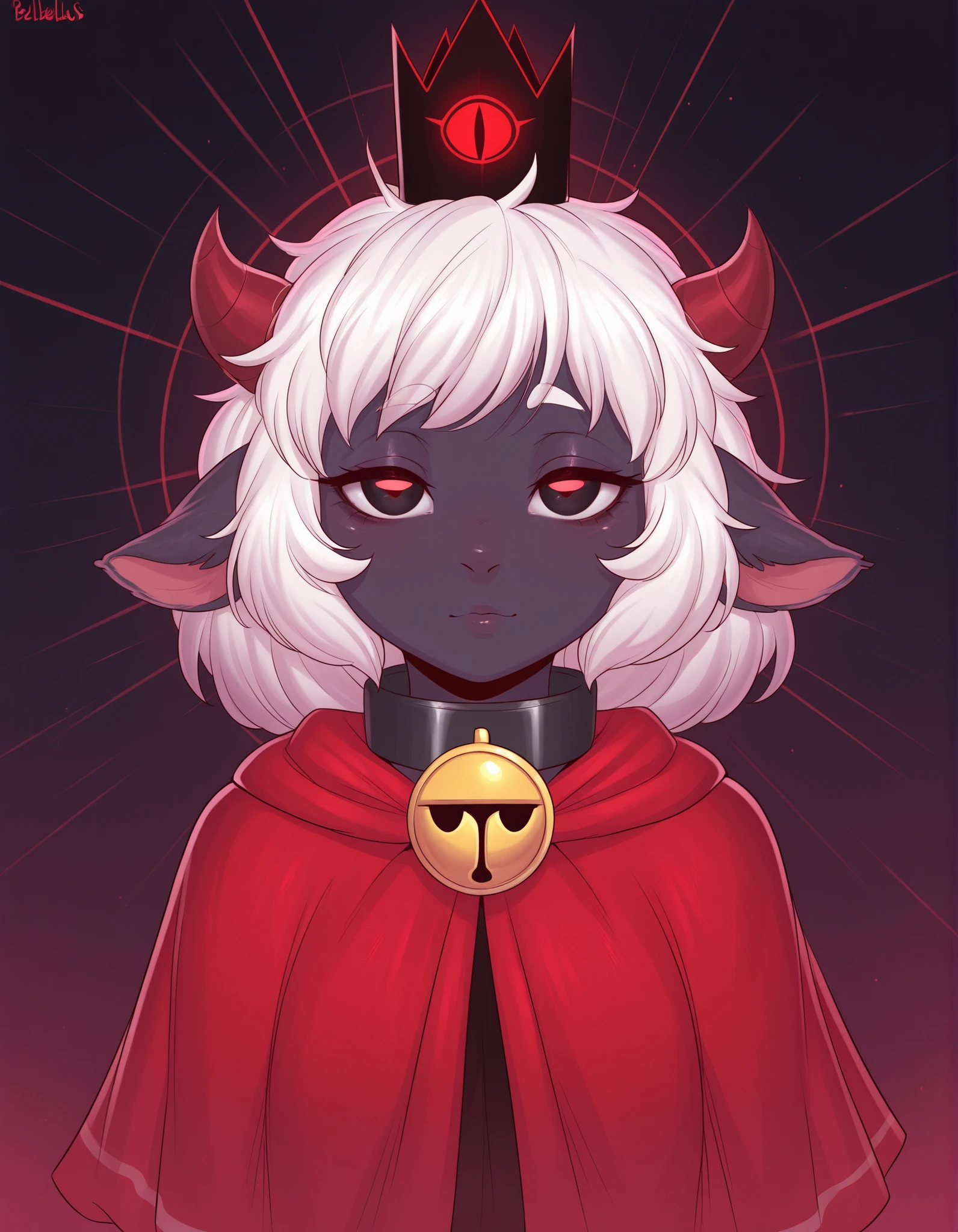 bellbellasartiststyleil,, masterpiece, best quality, very aesthetic, 1girl, solo, cult of the lamb, sheep girl, collar, horizontal pupils, red/black eyes, red crown,