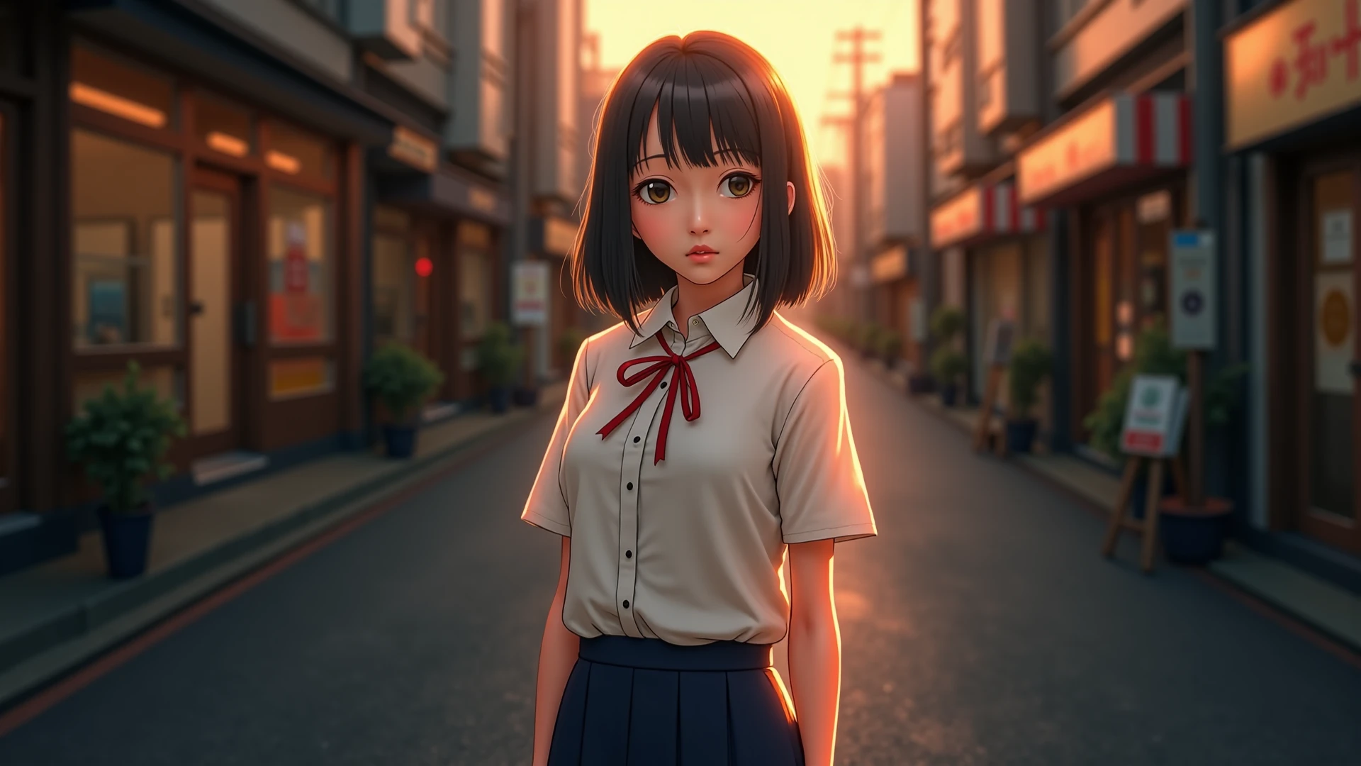 Black hair, short, teenager, black skin, short, black tights, brown skin, white clothes, school, orange eyes, looking up, surprised, pretty eyes, beautiful eyes, black skin, dark skin, happy, short hair, small eyes, braids, braided hair