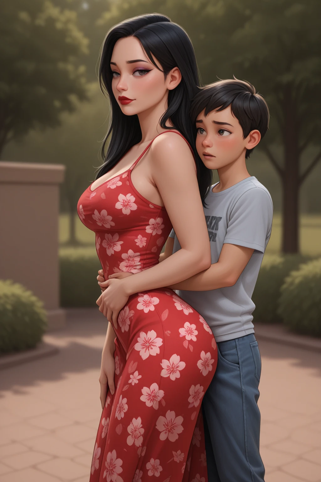 large bust, wide hips, thick legs, thick thighs, barefoot, small dainty feet, black bikini, sitting on towel, she notices the bulge in a man’s swim trucks, looking down at his bulge