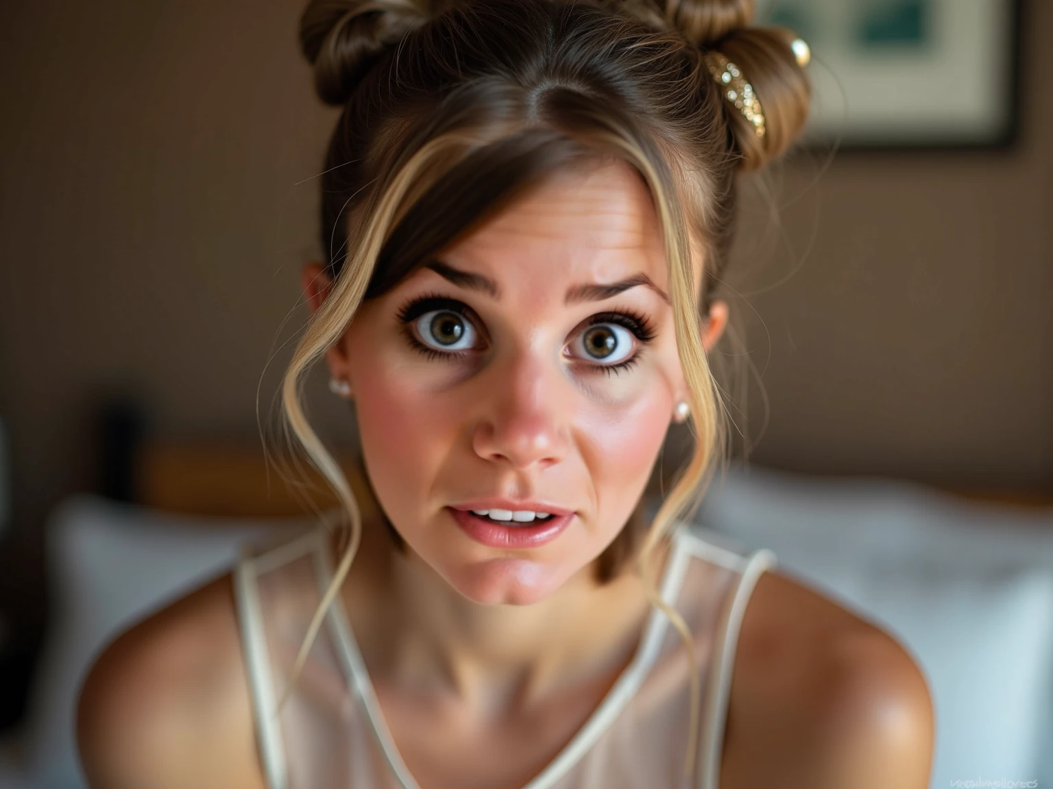 Mid Shot Photo, Imperfect, beautiful lady, freckles, surprised look, surprised girl, detailed amber eyes, detailed iris, brunette hair in a bun, hyperdetailed photography, soft light, in the future, <lora:suprised_look:1> sitting in a chair looking towards the viewer gasping, in a mansion bedroom, perfect teeth,