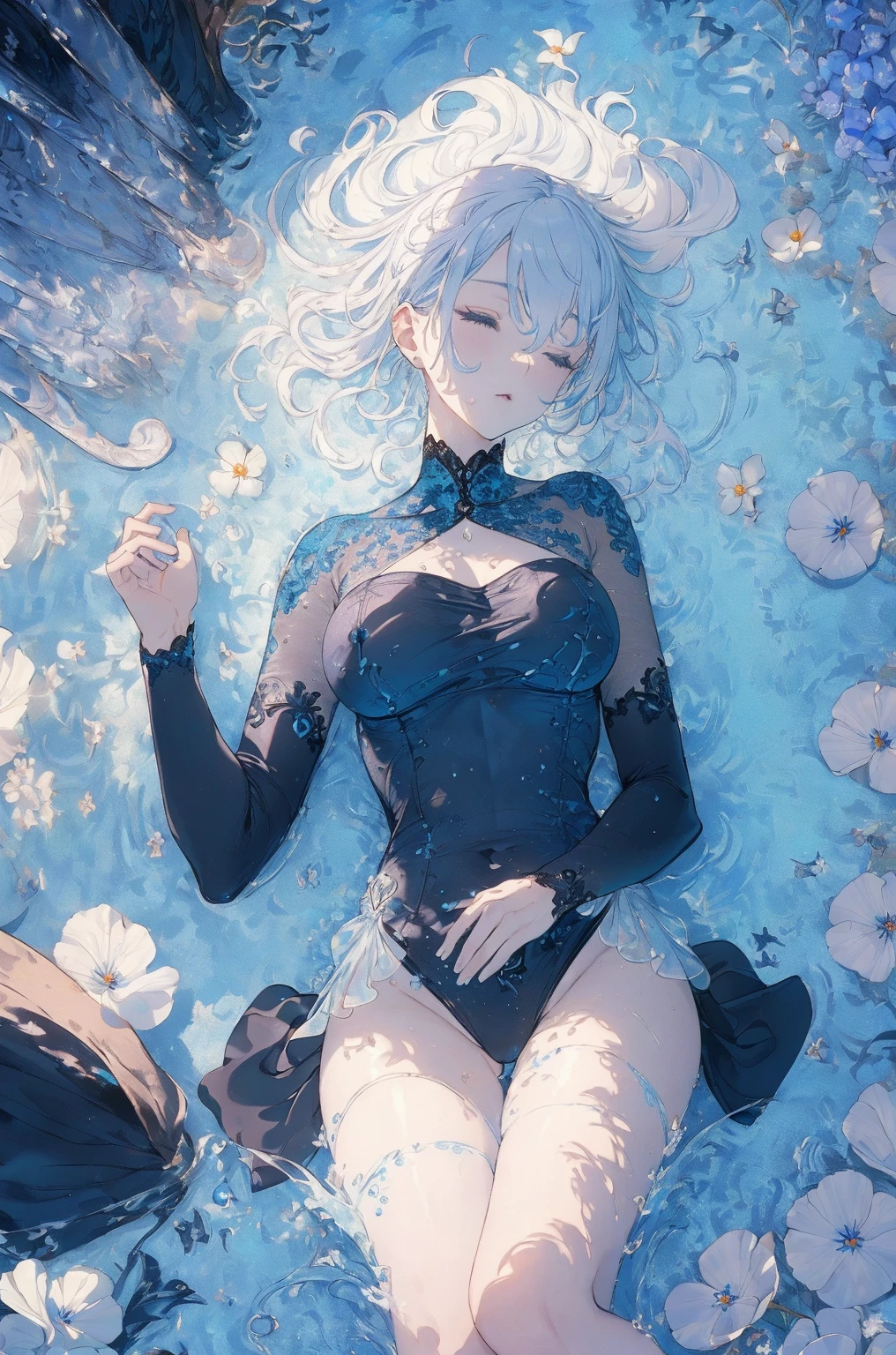 (water photo:1.1, in blue waterfront garden:1.5), Masterpiece, best quality, (very detailed CG unity 8k wallpaper), (best quality), High definition RAW color art, Animation,sculptures, (black Marble Skin), (((Ultra detailed elegant))), Magical atmosphere, Detailed skin, Texture,(Intricately detailed, Fine detail, ultra-detail art), depth of fields, bokeh, Silky Touch, Hyper Detail, beautiful eyes, Elegant Face, (lying on pastel white waterfront, morning glory), sparkle background, enormous breast:1.3, (silver hair), pastel purple, embarrassing red face, wide open udder, shorthair, nsfw frill bikini, fat, upper body focus, gigantic under breast