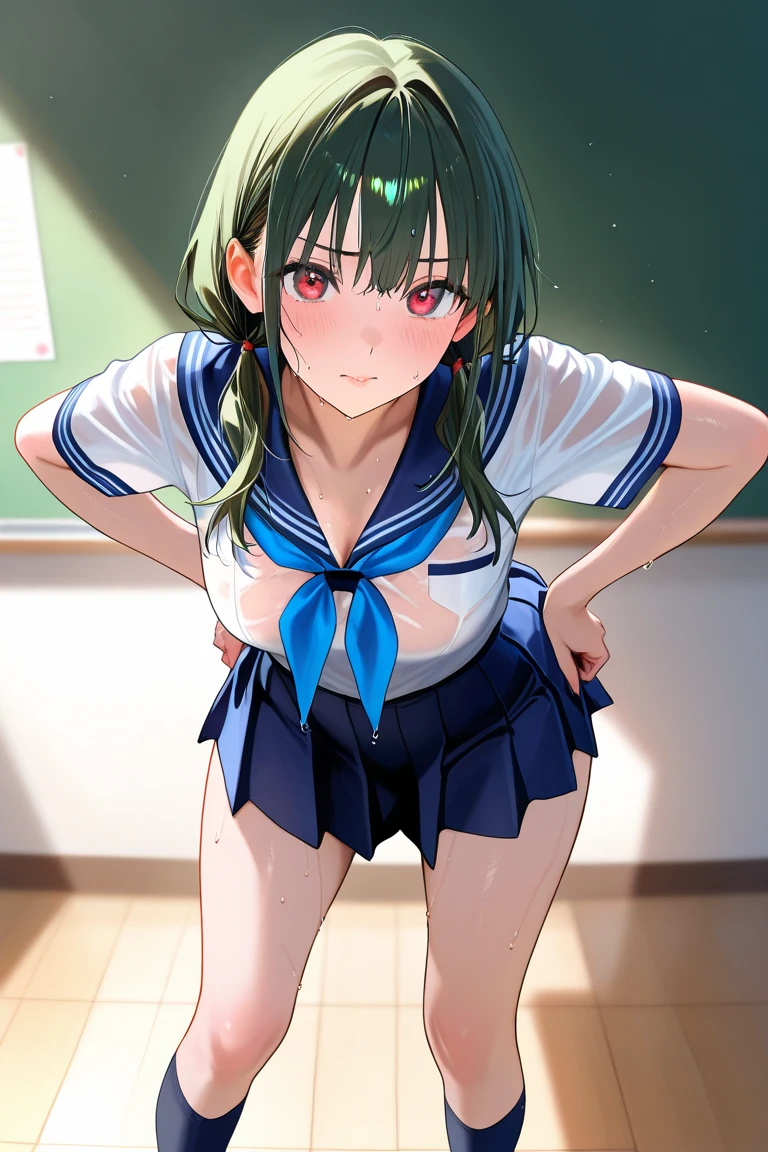 mastute piece,Best Quality,insanely detailed,8k cg,nsfw,
(shoot upper body:1.3),
(1girls:1.3),standing,looking at viewr,body in front,both arms behind back,(sailor onepiece-dress:1.3),(bare breasts),(bare nipples),
break,
blush,shy,(ecstasy face),(trembling:1.2),break,(light green hair:1.2),
break,
perfect breasts,perfect teats,(open mouth:0.9),(large breasts:1.2),
(class room)、