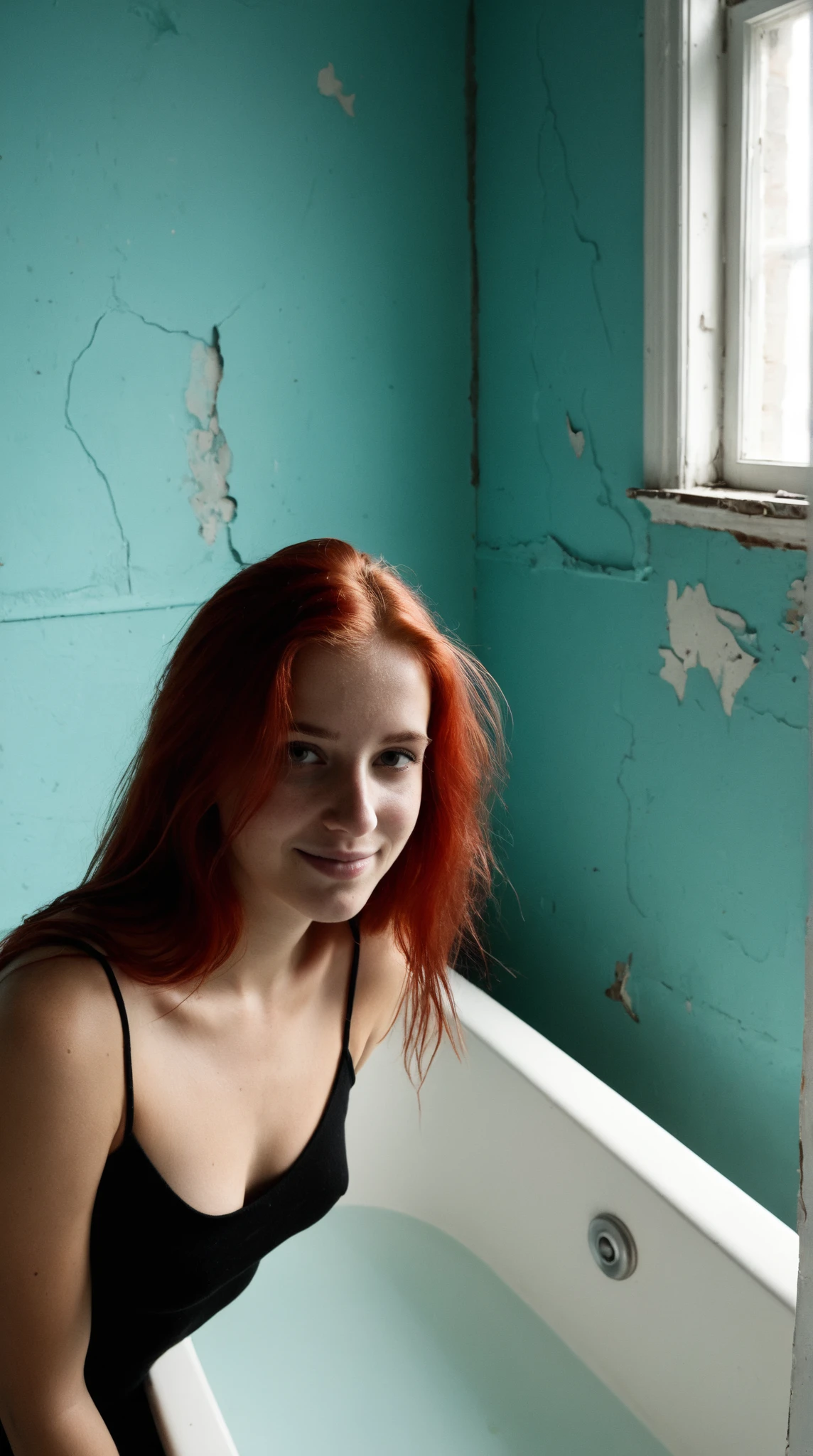 Naked red-haired on the windowsill in the toilet, you can see your face, Children's appearance