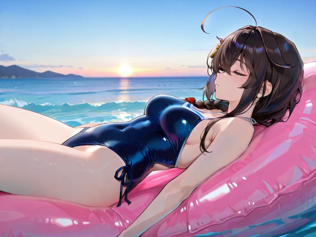 ((Top Quality)), ((Masterpiece)), ((Details)), perfect face, perfect body, sitting on the beach, listening to music, wearing headphones, wearing swimsuit, swimsuit transparent, tight with buttocks and breasts exposed Woman with clothes on and face visible