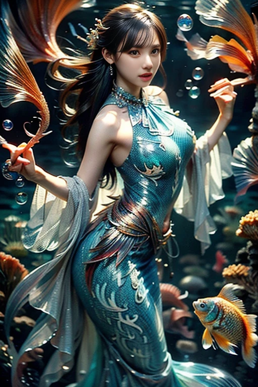 (RAW shooting, 32k:1.5, highest quality, masterpiece, Ultra-high resolution), (Deep sea at night:1.0, Dramatic moonlight:0.7, Mysterious underwater world:1.3, Expressions of sadness:1.0), Side Shot, Fractal Art:1.3, Perfect dynamic composition:1.3, Very detailedな肌と顔の質感:1.3, Dynamic flow of water waves:1.3, Beautiful shell and coral decoration, Surrounded by lots of colorful fish, Rich underwater vegetation, (The subject is being viewed from a distance:1.3, Slim mermaid figure:1.0, Shimmering Scales, Mermaid tail), elegant and sophisticated, Fair skin, Incredibly slim body:0.8, Very beautiful face, Water droplets on the skin, Very accurate, Very detailed, Gorgeous red shiny dress portrait:0.8, Big eyes that exude beauty, Beautiful big lips,, Unreal atmosphere, necklace, Earrings, bracelet