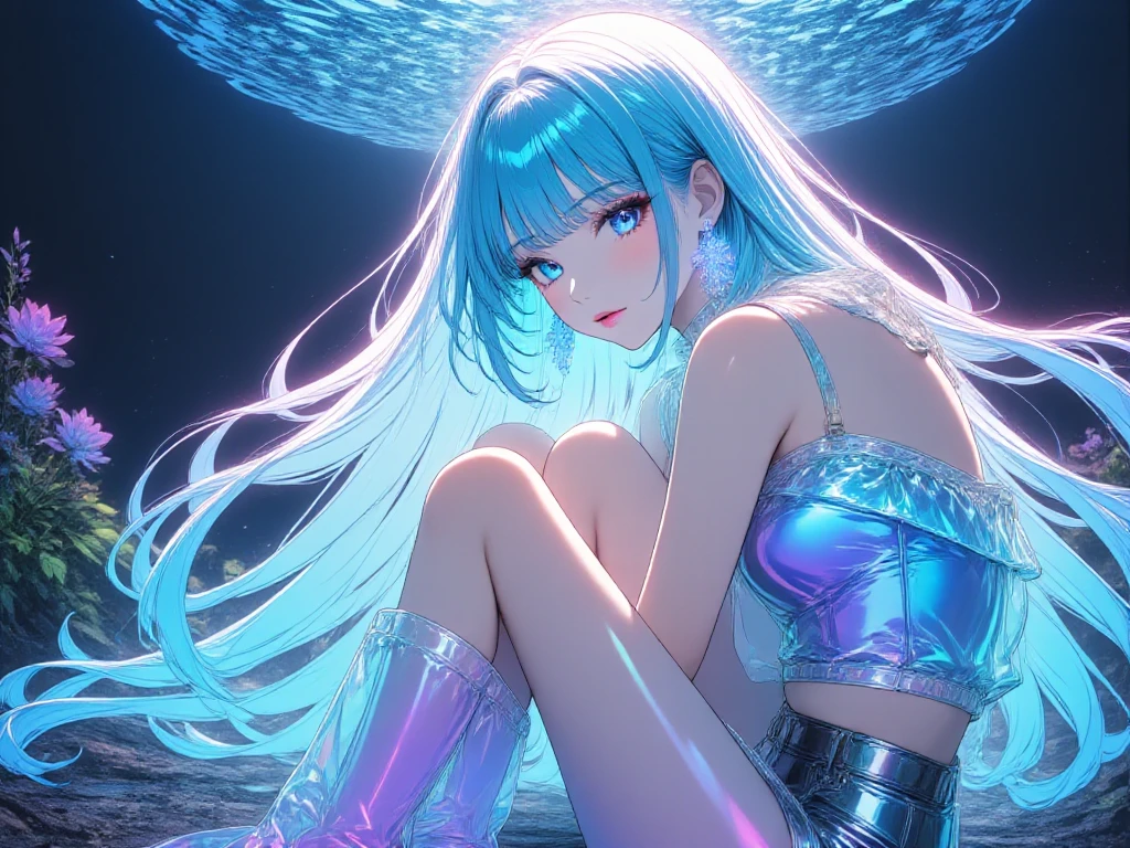 Girl shines in the light, the moon's shadow reflected in her blue eyes. she is sitting on the water, exposing her bare shoulders and bare arms. Her figure is fantastical and lovely, as if it were a mirror effect., Maximum detailed textures, Maximum detailed shadows, Maximum detailed backgrounds, ,full body, ,no ,glowneon, glowing, sparks, lightning,intricate line drawing,bioluminescence, blue glow, cyan glow, green glow, red glow