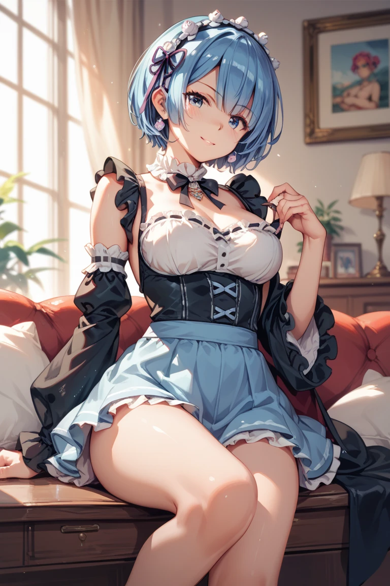 Solo, 1 Girl, Rem \(Re:Zero\), Blue Fluffy Hair, Bangs Covering One Eye, Maid Outfit, White Thighhigh Socks, Huge Breasts, Cleavage Window, Narrow Waist, Wide Hips, Big Round Ass, Thick Squishy Thighs, Cute Smile, Eyes Half Closed, Soft Blush, Looking Down at Viewer, Standing Over Bedside, Viewer is Laying in Bed, Beautiful Lighting, Light Rays, Masterpiece, 4K Resolution