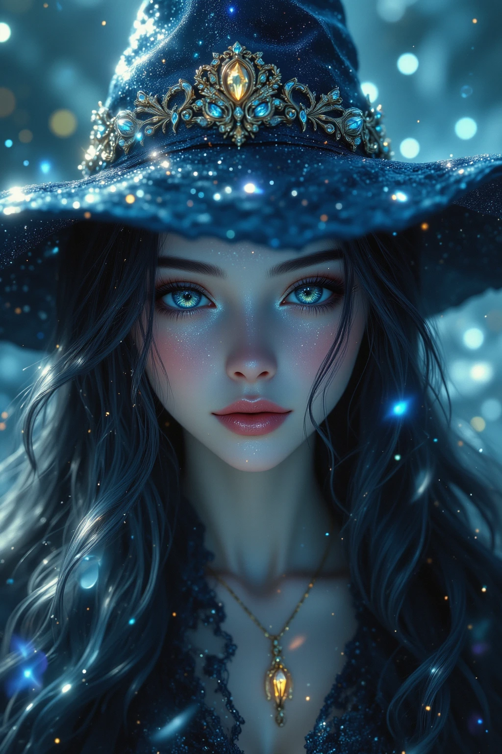 Name: Elysande the witch of the blue moon
Eyes: One delicate lilac, the other deep ocean blue.
Cloak: Midnight velvet, woven with memories—a falling star, a forgotten kiss, and the echo of a lullaby.
Moonlight: Silver bathes her, craters become constellations.
Camera: Once held, now abandoned; it captured souls. (ultra high quality fantasy art, ghothic dark fantasy style, masterpiece, ultra high quality character design, 8k quality anime art, realistic anime art, top quality wallpaper illustration, detailed ultra high quality accurate face, high quality design and accurate physic)