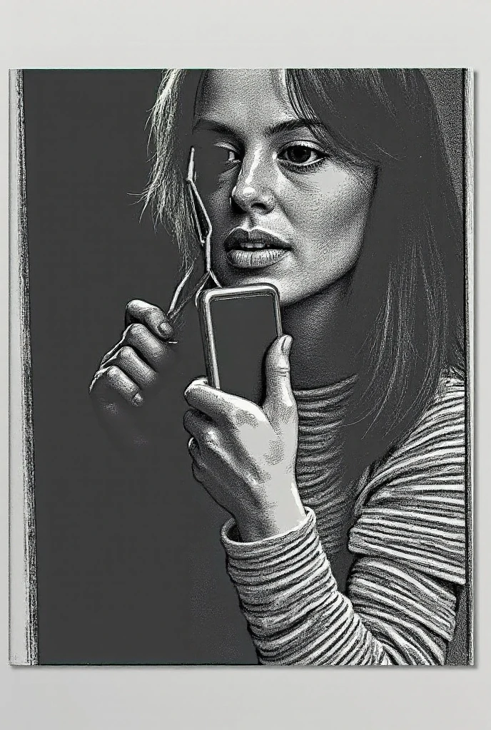 Generate a drawing of a pencil sharpener being held between the chin and the neck,  only one hand is sharpening a pencil with that sharpener that is between his chin and neck. Let the pencil sharpener be a simple one, silver manual.. Let it be drawing style. That the pencil is inside the sharpener, The sharpener is small and does not have any compartment for pencil waste...