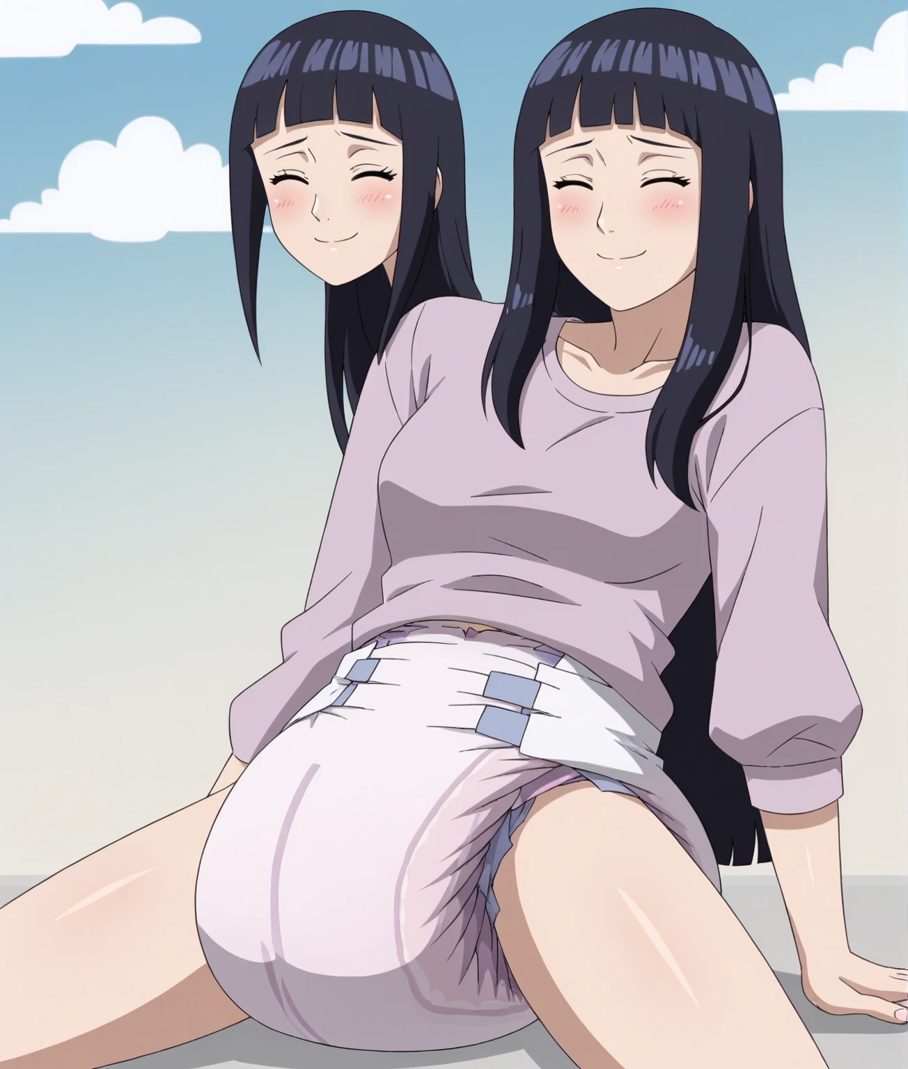 Highest quality, Ultra-high resolution, (Realistic: )2D official style cel animation,((2Girls sitting in a row))high school girl、Twin tails、ponytail、White Big Ribbon、Glasses、Blue Check Mini Skirt,Summer Shirts,Unbutton、(((no panties、Lace bra))),loose socks,sneakers,Full body portrait,(From below),Station stairs,sunny,Spread your legs、from the front、blush、(((nsfw))), openwidee,