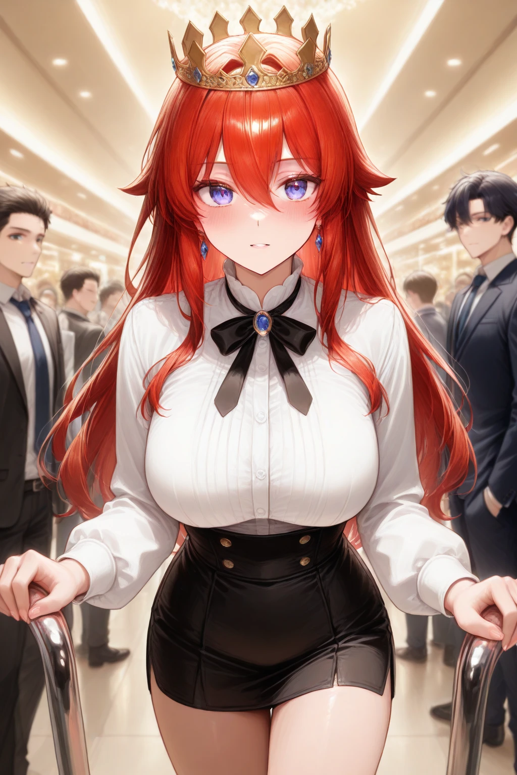 A girl with red cat ears, red hair, ponytail, she is wearing a red strapless dress that leaves her thighs and legs and feet exposed, full body, she has her arms half open, her wrists are handcuffed and chained by a metal chain that connects to a steel collar that is around her neck, in a high-class ballroom, there are men in suits in the background and an audience in the background, she is wearing red gloves that go from her hands to half of her arms, she is worried, anxious, barefoot, her hands are half open, open mouth, fear, standing, bondage, gagged, tied