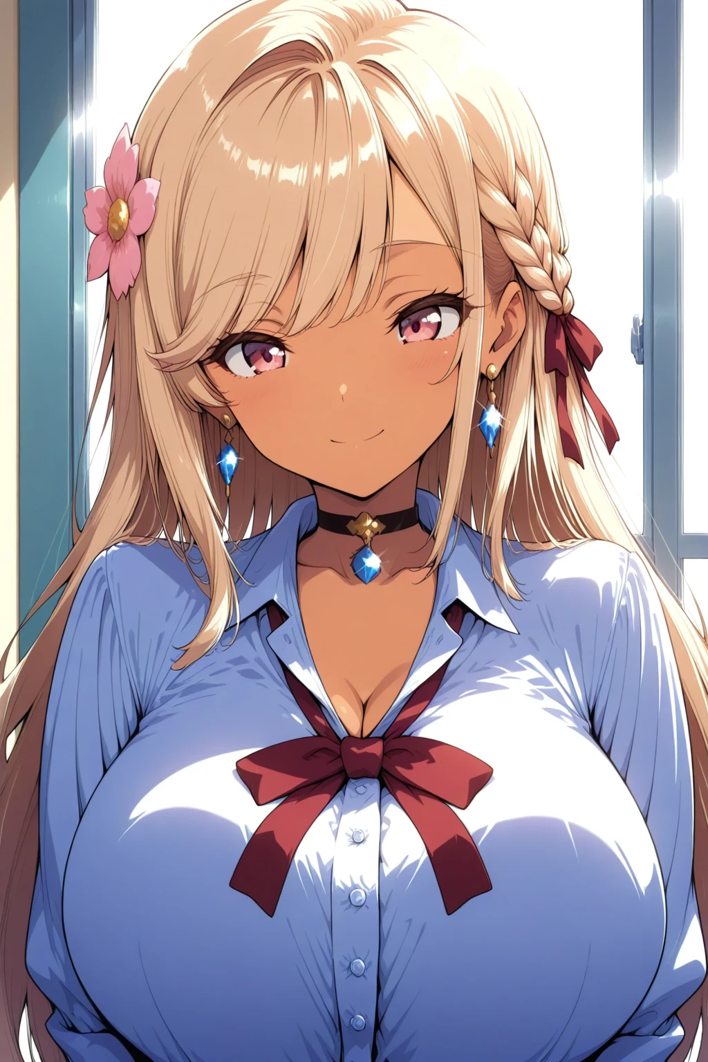 1girl, <lora:Mizuna_NaomiV2:0.8>, upper body, blue eyes, blonde hair, long hair, (scrunchy:1.1), looks at the viewer, (masterpiece, best quality), sly smile, assertive, mischievous, skinny, tan, dark skin, large breasts, white button-down shirt, red bow tie, black bra, depth of field, ultra detailed, intricate details, official art, 32k, extremely detailed cg unity 8k wallpaper, high quality, highres, photoshop, in a modern living room, plants, blurred background