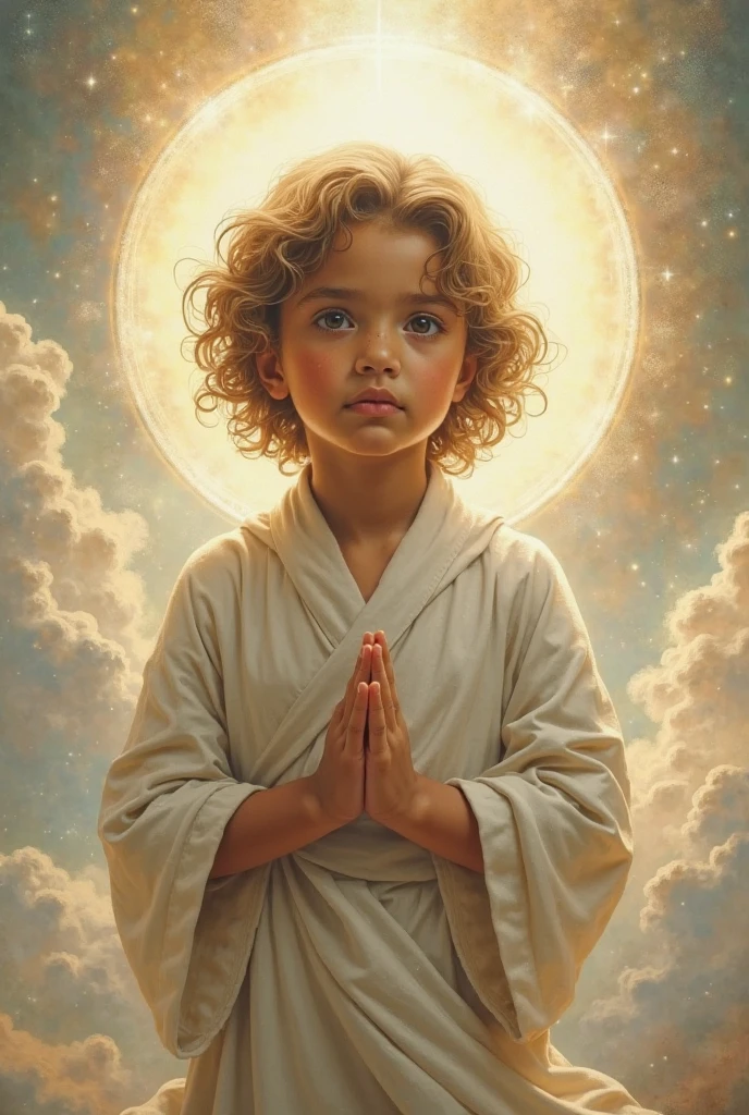 Child in robes kneeling with a white light above to the right shining on his animated body 