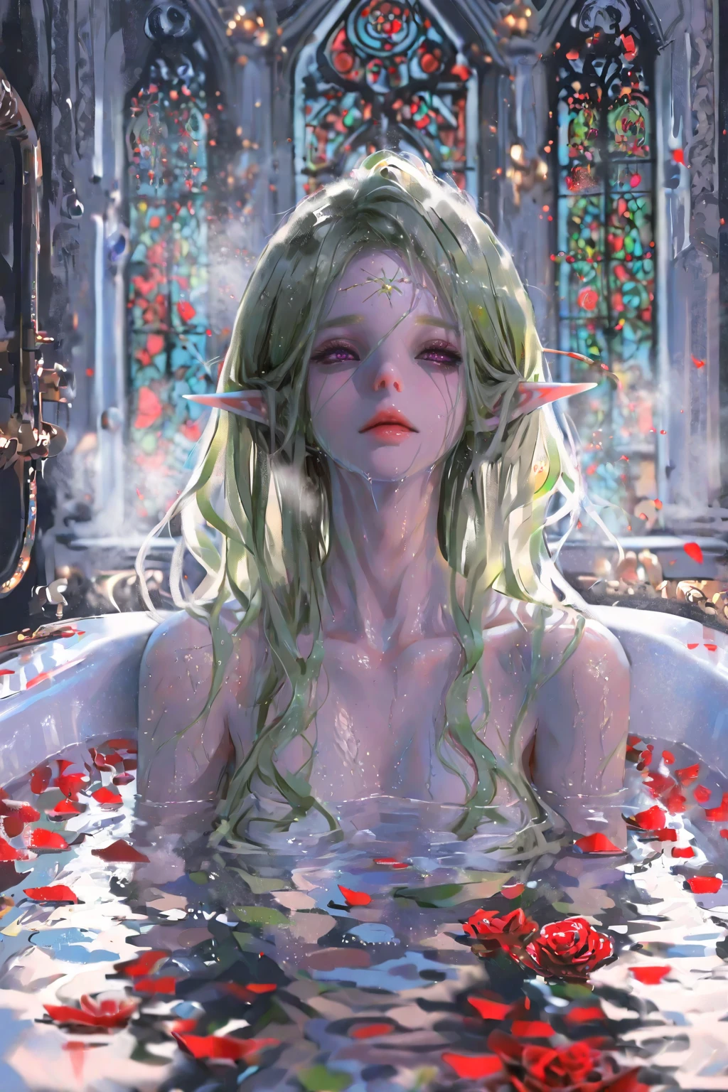 nsfw, ((1girl)), ((masterpiece)), realistic, ((highly detailed:1.3)), beautiful elf princess bathing in a marble tub, ((very long blonde hair)), wet hair, wearing a sheer bathrobe, clothed bathing, ivorygoldai, royal palace bathroom setting, steam, ornate marble tub, (rose petals floating in water:1.3), early morning light, windows, crepuscular lighting