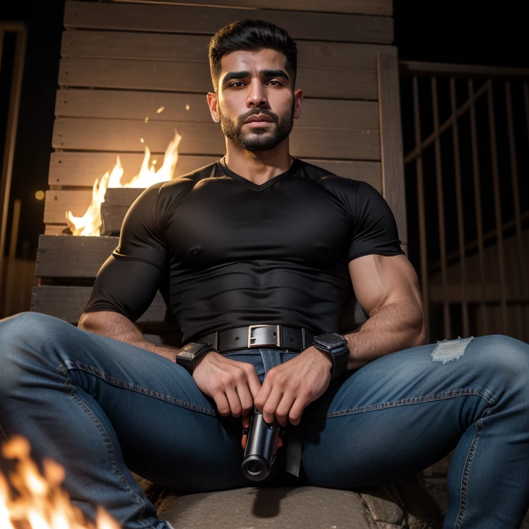 black leather jacket, muscular man, hunk, charming, attractive, kinky leather wear, chest hair, smoking, in a underground club, dark room, volumetric lighting, depth of field, best quality