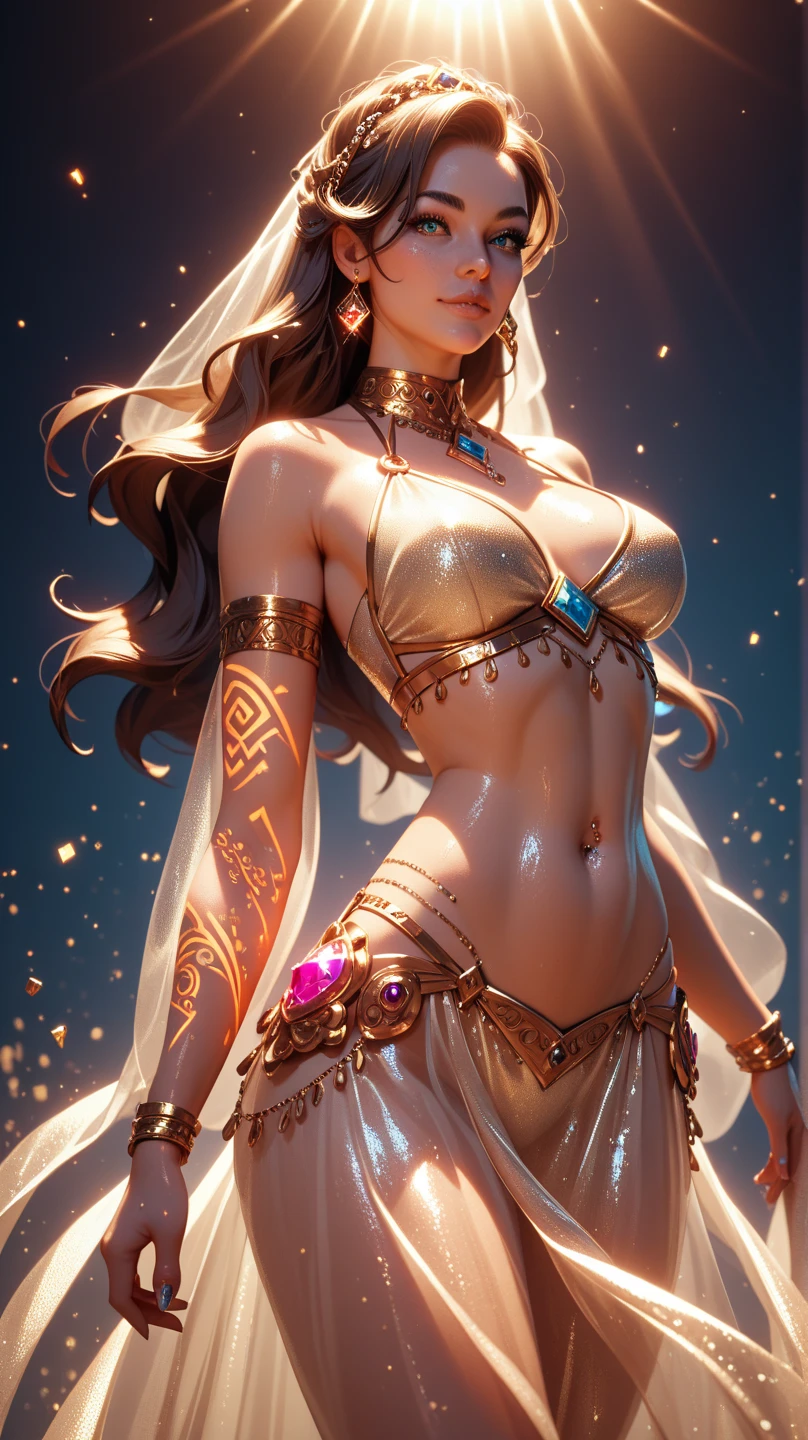 1girl, hair ornament, navel, _cleavage, bare_shoulders, jewelry,thighs, earrings, outdoors, detached sleeves, midriff, wide sleeves, necklace, stomach, crop top, thigh gap, crescent, veil, wading, gold trim, circlet, dancer, see-through, veil, bridal gauntlets, arabian clothes, armlet, thighlet, anklet, dancing, dancer,